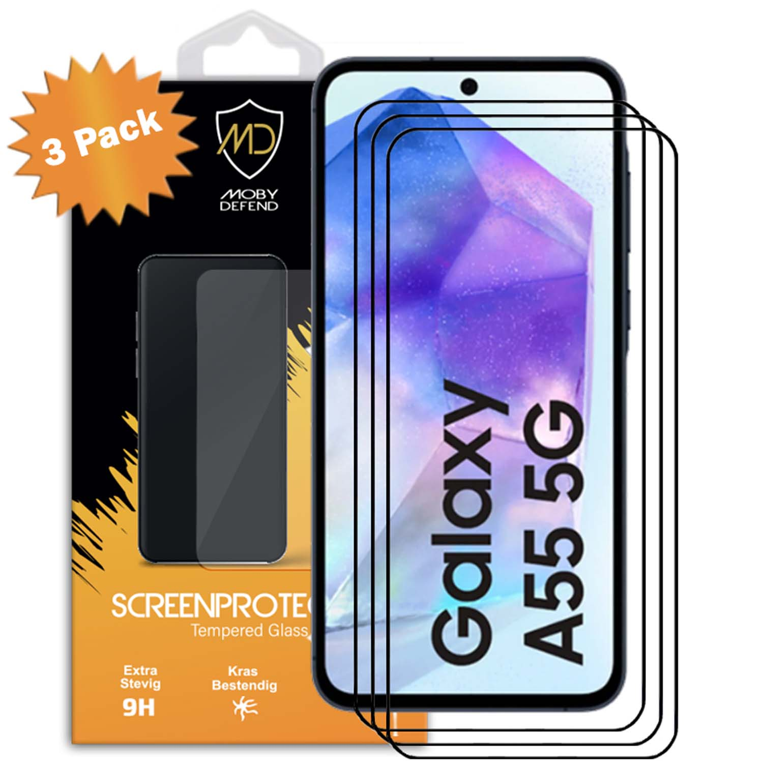 Boîte avec protecteur d'écran. Le téléphone affiche Galaxy A55 5G, trois protecteurs.