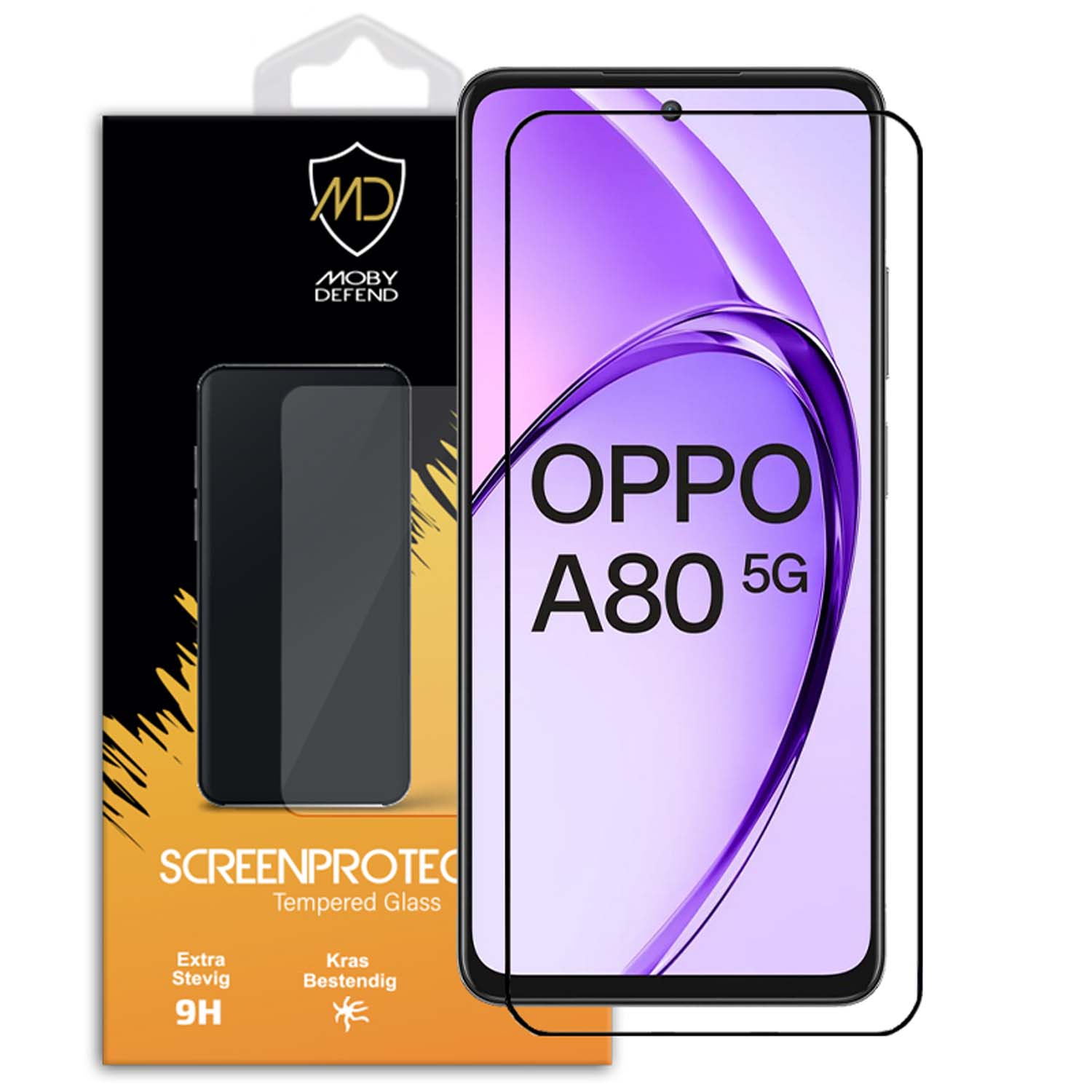 Téléphone avec protecteur d'écran, texte Oppo A80 5G et emballage Moby Defend.