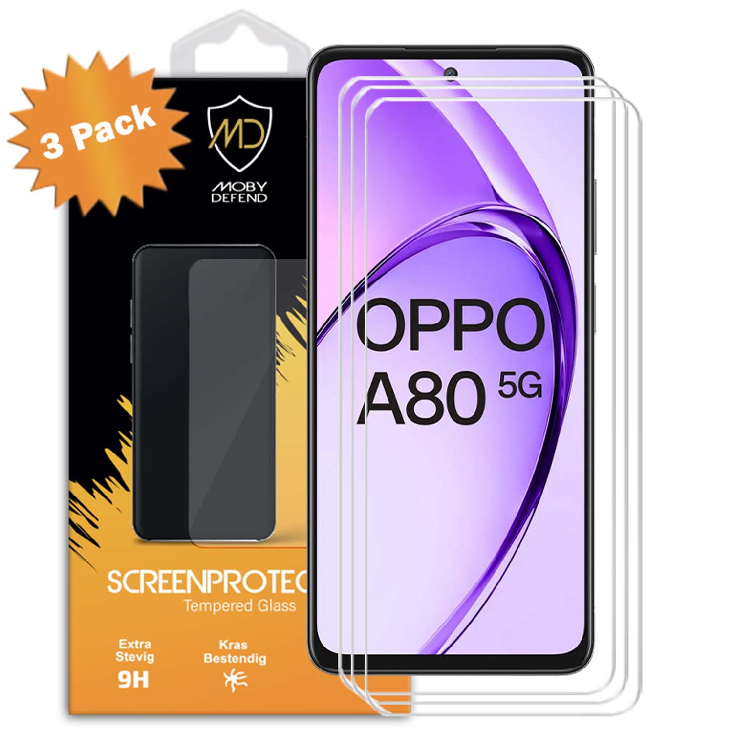 Protecteur d'écran pour téléphone OPPO A80 5G, avec le logo Moby Defend et un pack de 3.