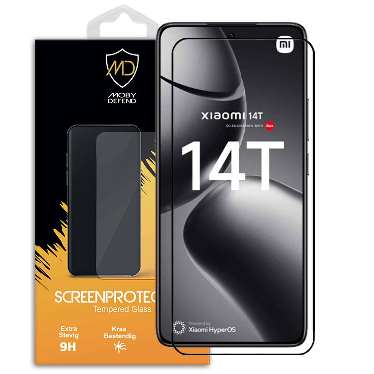 Téléphone avec protecteur d'écran, affichant le texte Xiaomi 14T et un emballage.