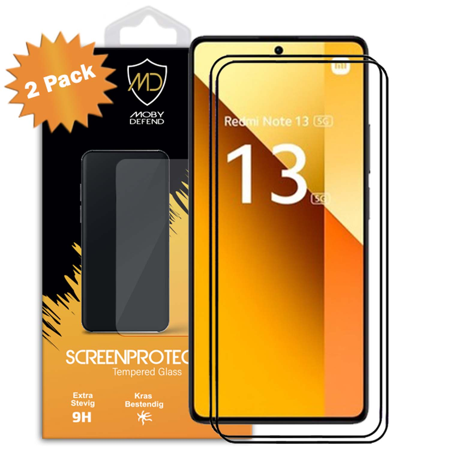 Protecteur d'écran de téléphone avec écran Redmi Note 13. L'emballage indique '2 Pack' et 'Tempered Glass'.