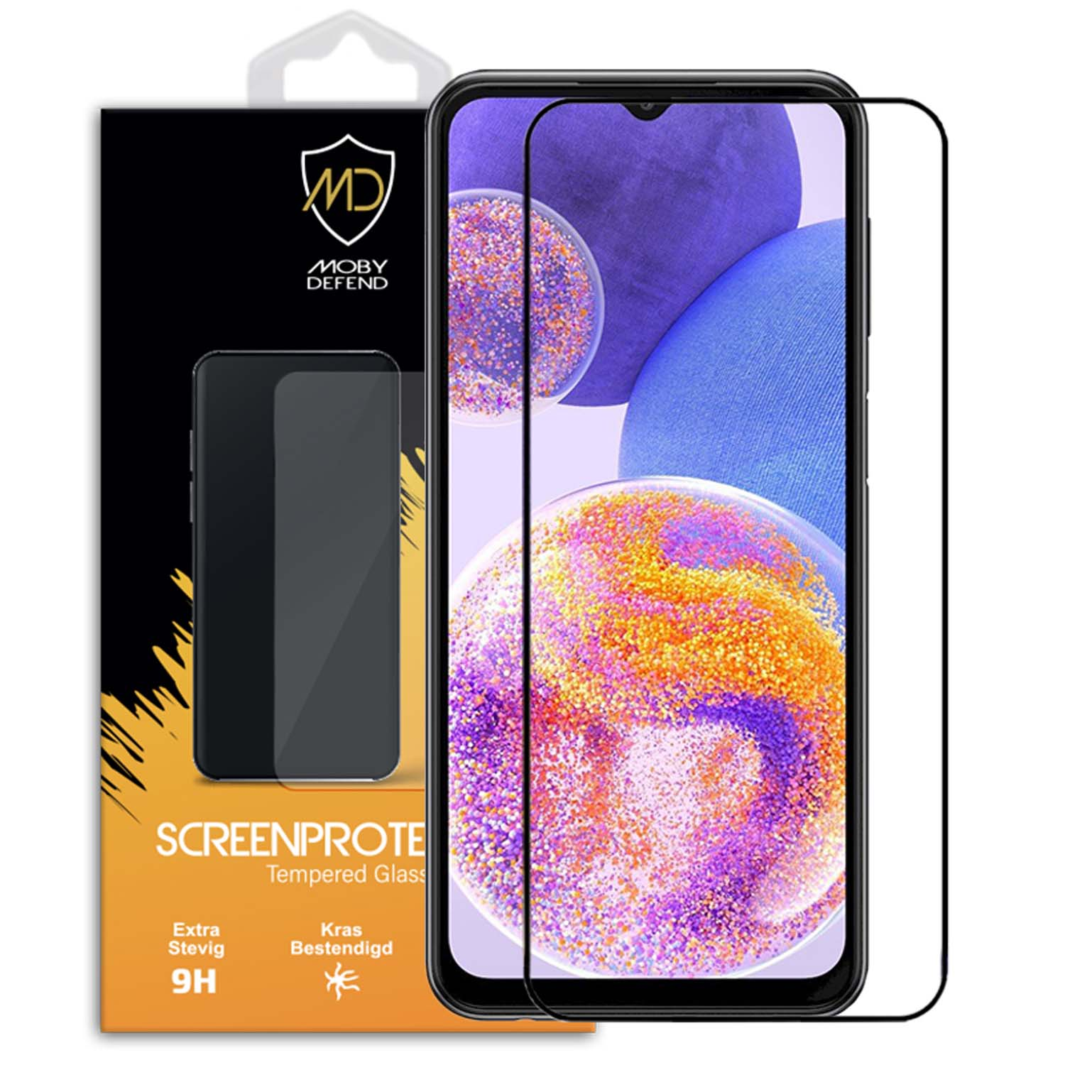 Telefoon met schermbeschermer, doos met zwart telefoonbeeld, MD-logo en productinfo. Achtergrond is kleurrijk.