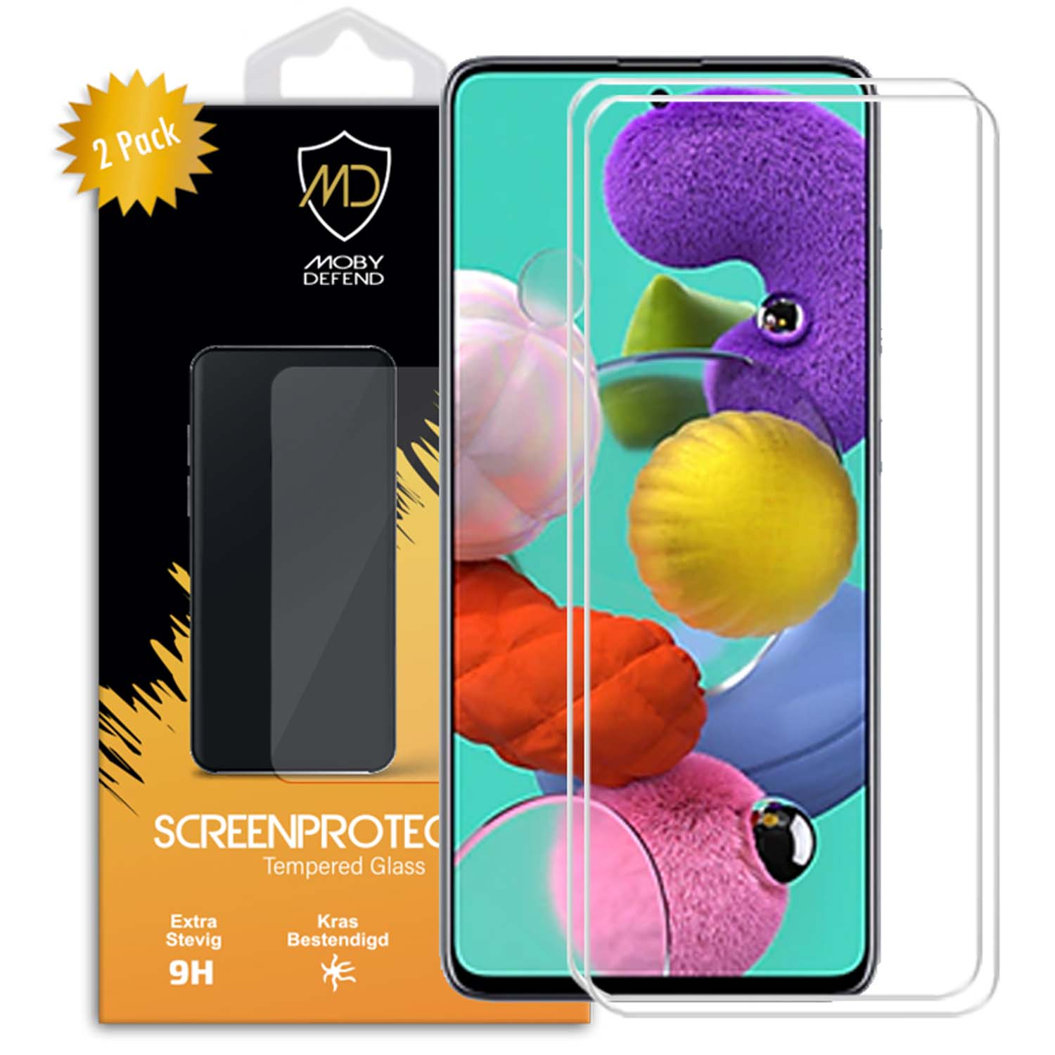 Telefoonschermbeschermer met 2 stuks, Moby Defend merk, gehard glas, zwarte telefoon, kleurrijke achtergrond.