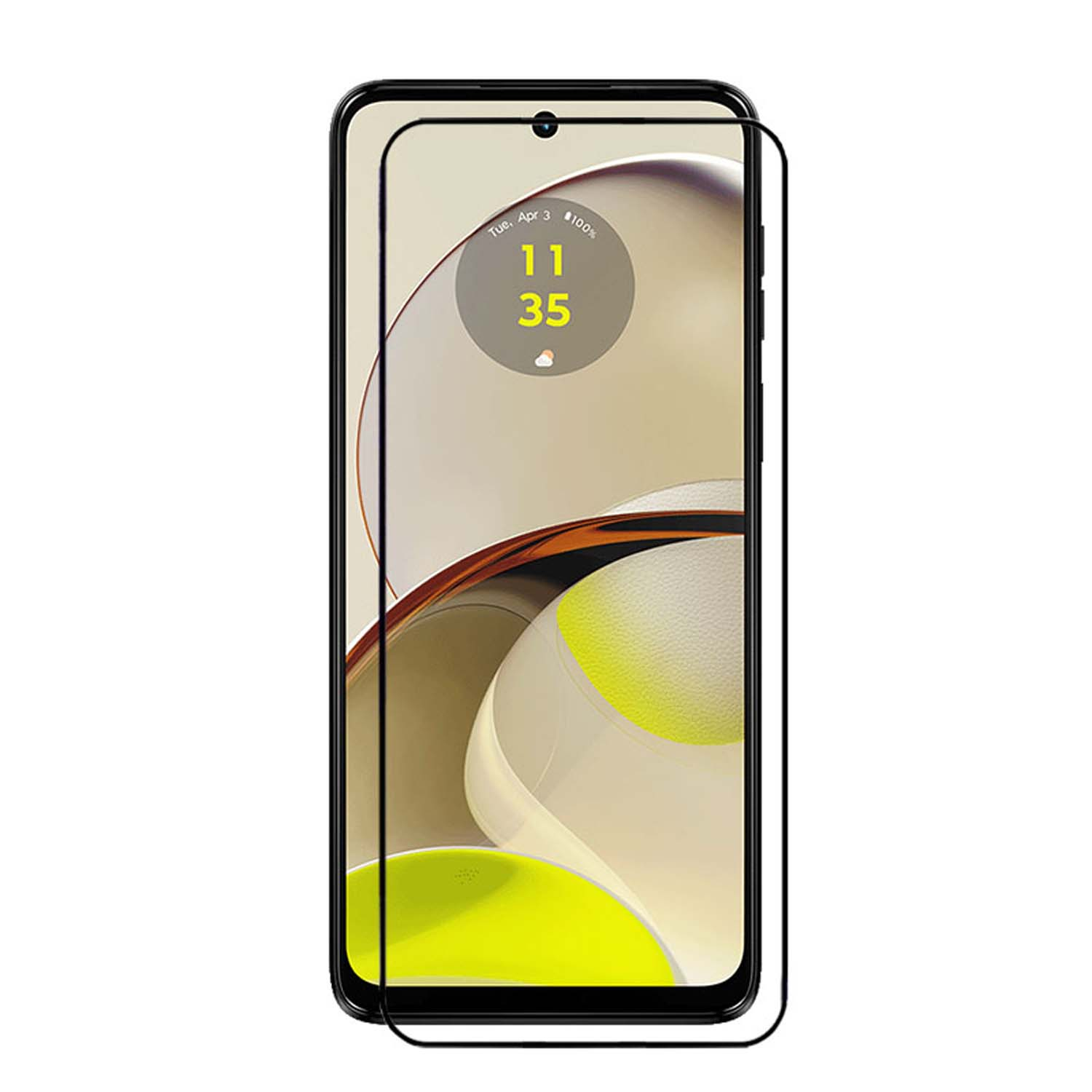 Smartphone avec protecteur d'écran appliqué, affichant l'heure et la date, avec bord noir.