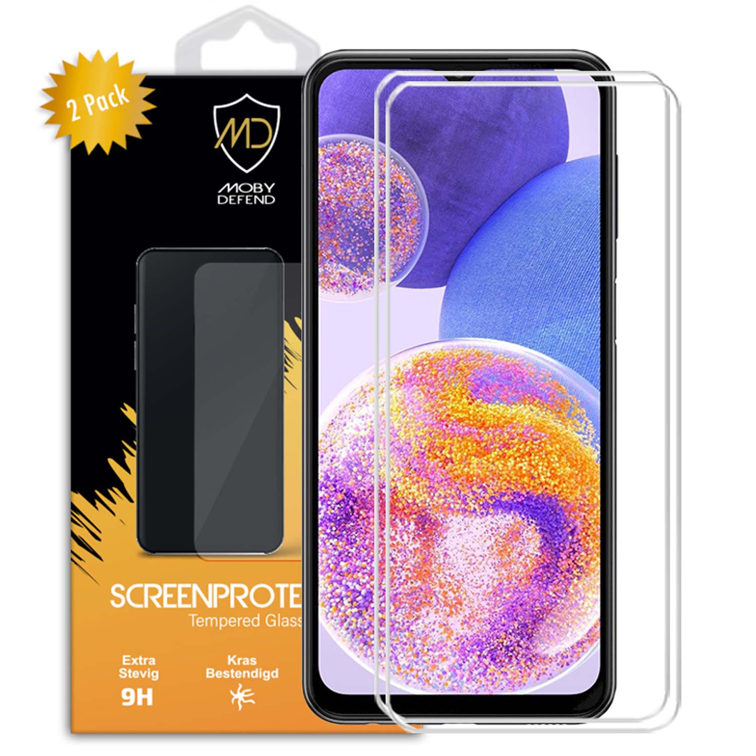 Pack de protection d'écran de téléphone. La boîte affiche l'image du téléphone et le nom de la marque. Le protecteur est sur le téléphone.