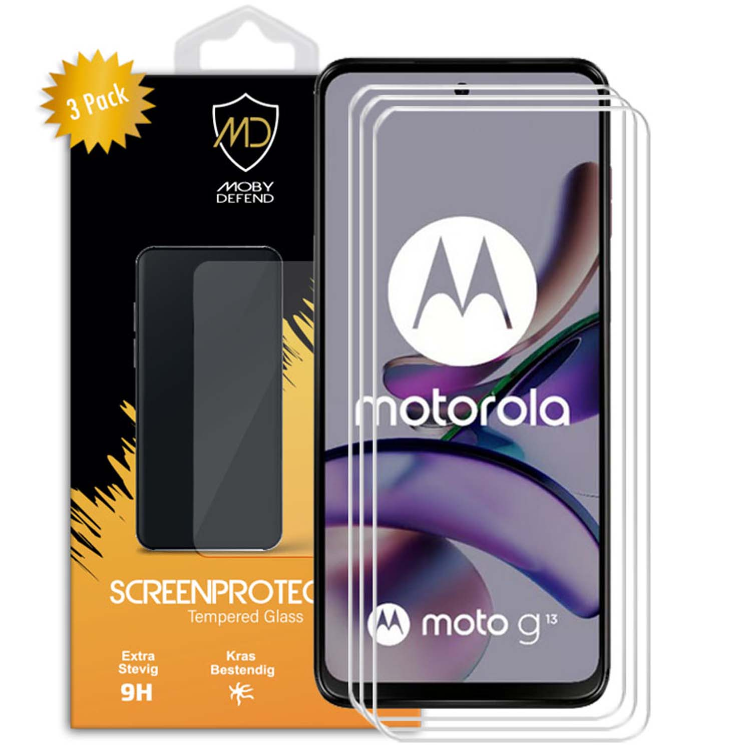 Un lot de 3 protecteurs d'écran pour un Motorola Moto G13. Boîte avec nom de marque, téléphone visible.