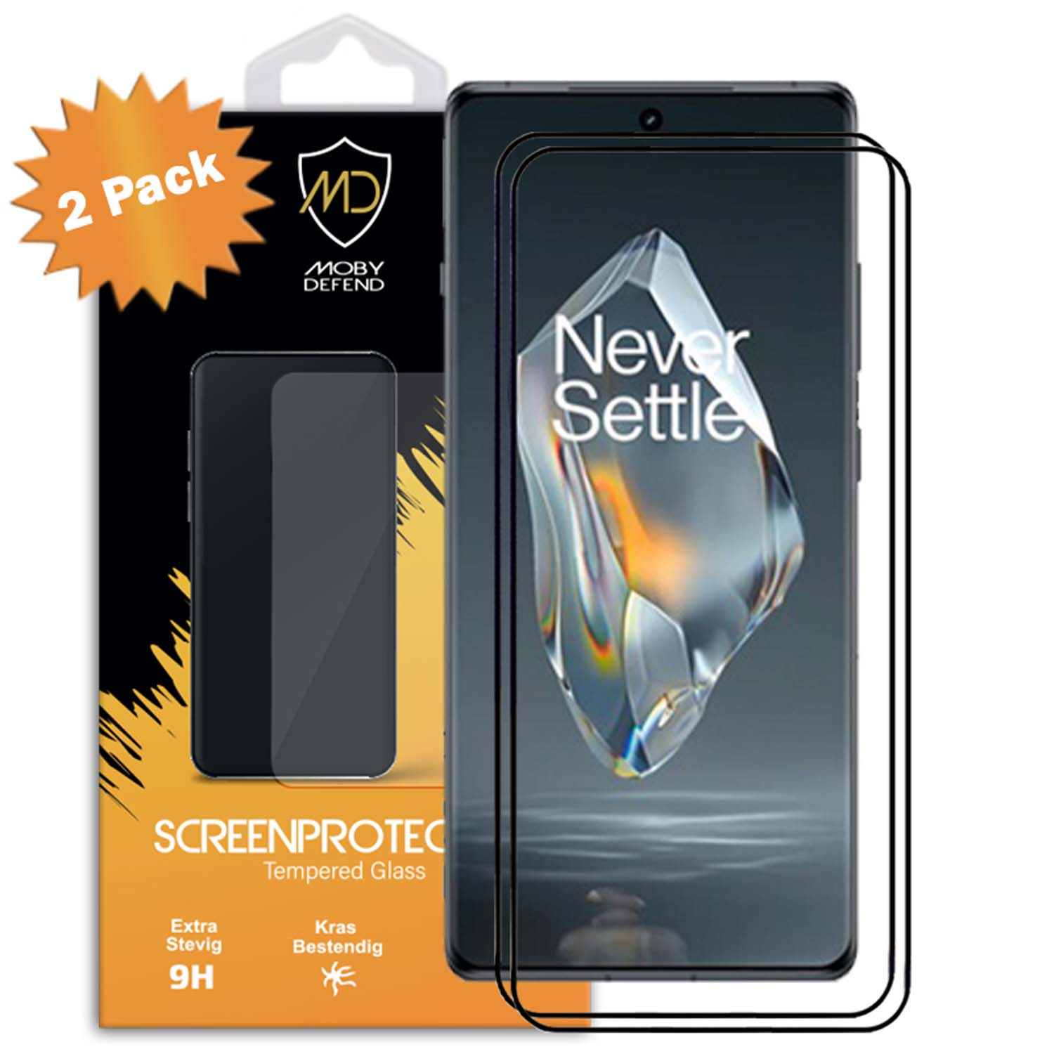 Protecteur d'écran de téléphone avec un téléphone affichant 'Never Settle'. L'emballage affiche '2 Pack'.