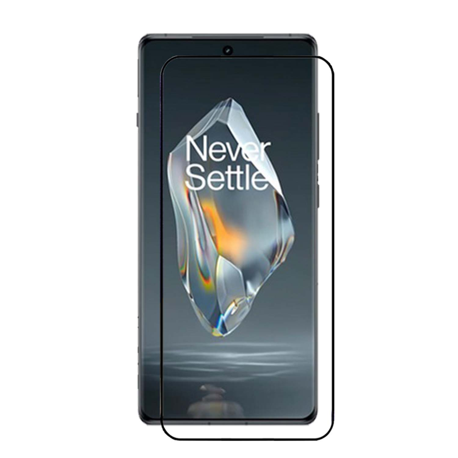 Smartphone avec protecteur d'écran. L'écran affiche le logo Never Settle. L'appareil est noir.
