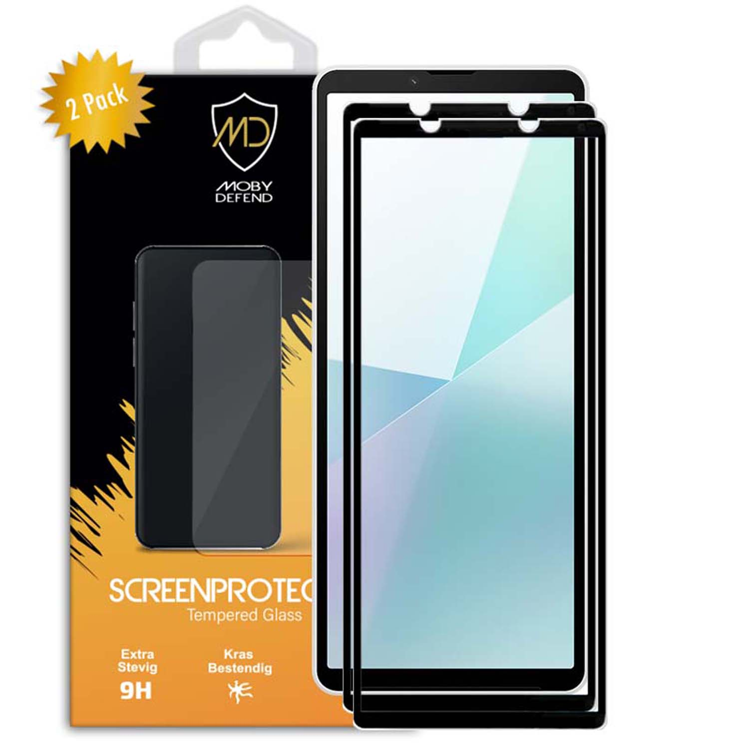 Téléphone avec deux protecteurs d'écran, emballage Moby Defend et autocollant 2 pièces.