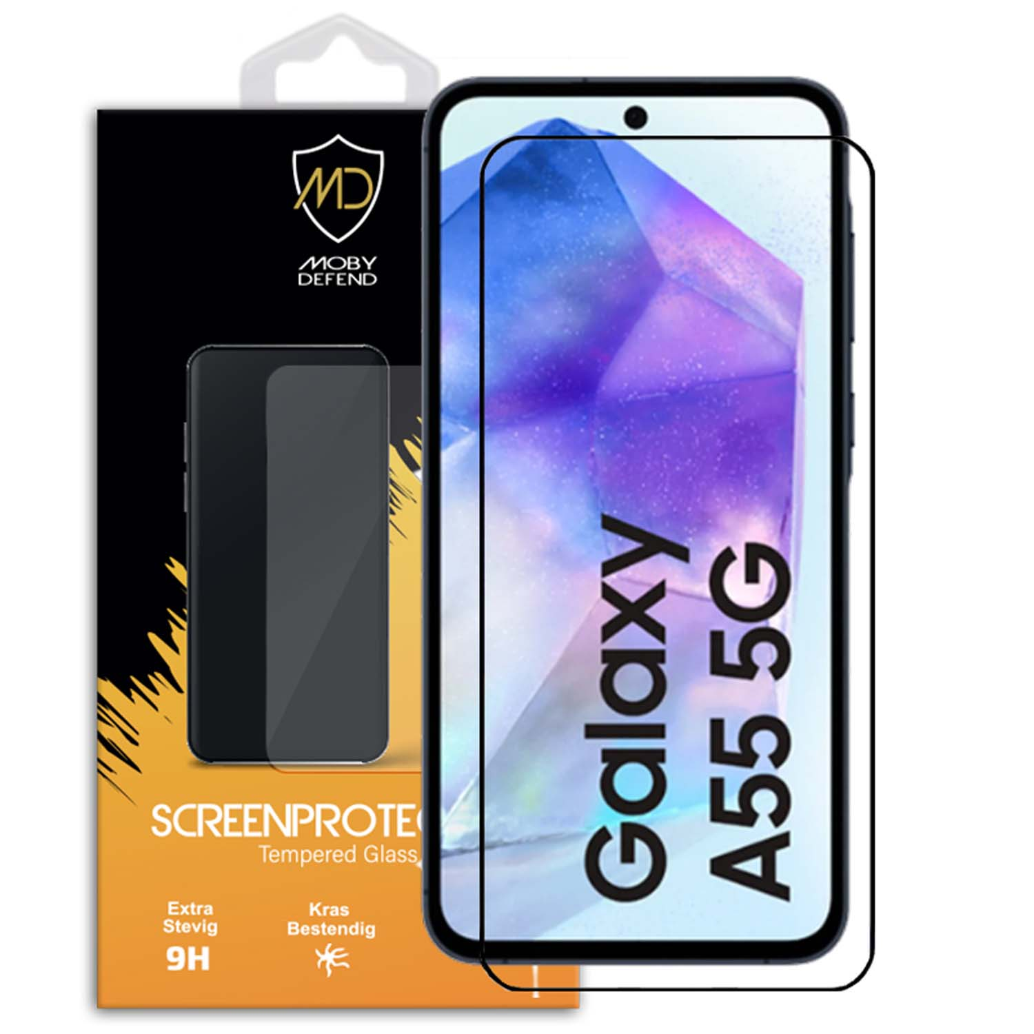 Téléphone avec protecteur d'écran, affichant le texte Galaxy A55 5G et un emballage.