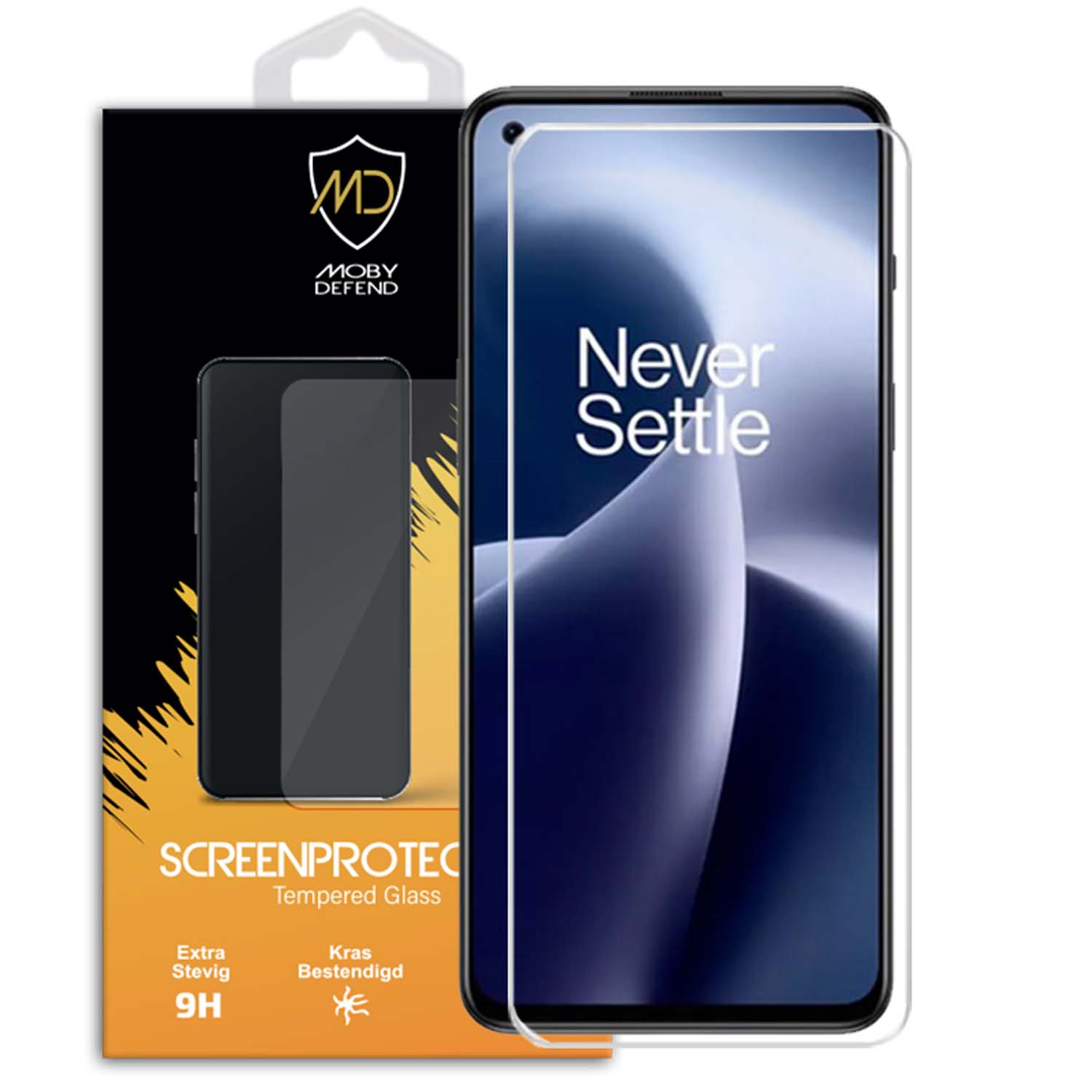 Telefoon met schermbeschermer, Never Settle tekst en Moby Defend doos.