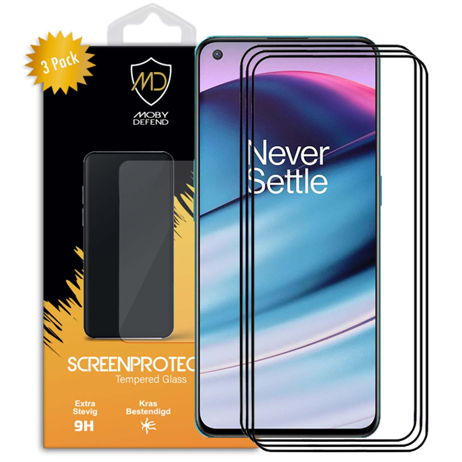Protecteurs d'écran de téléphone avec un téléphone affichant 'Never Settle'. L'emballage affiche '3 Pack'.