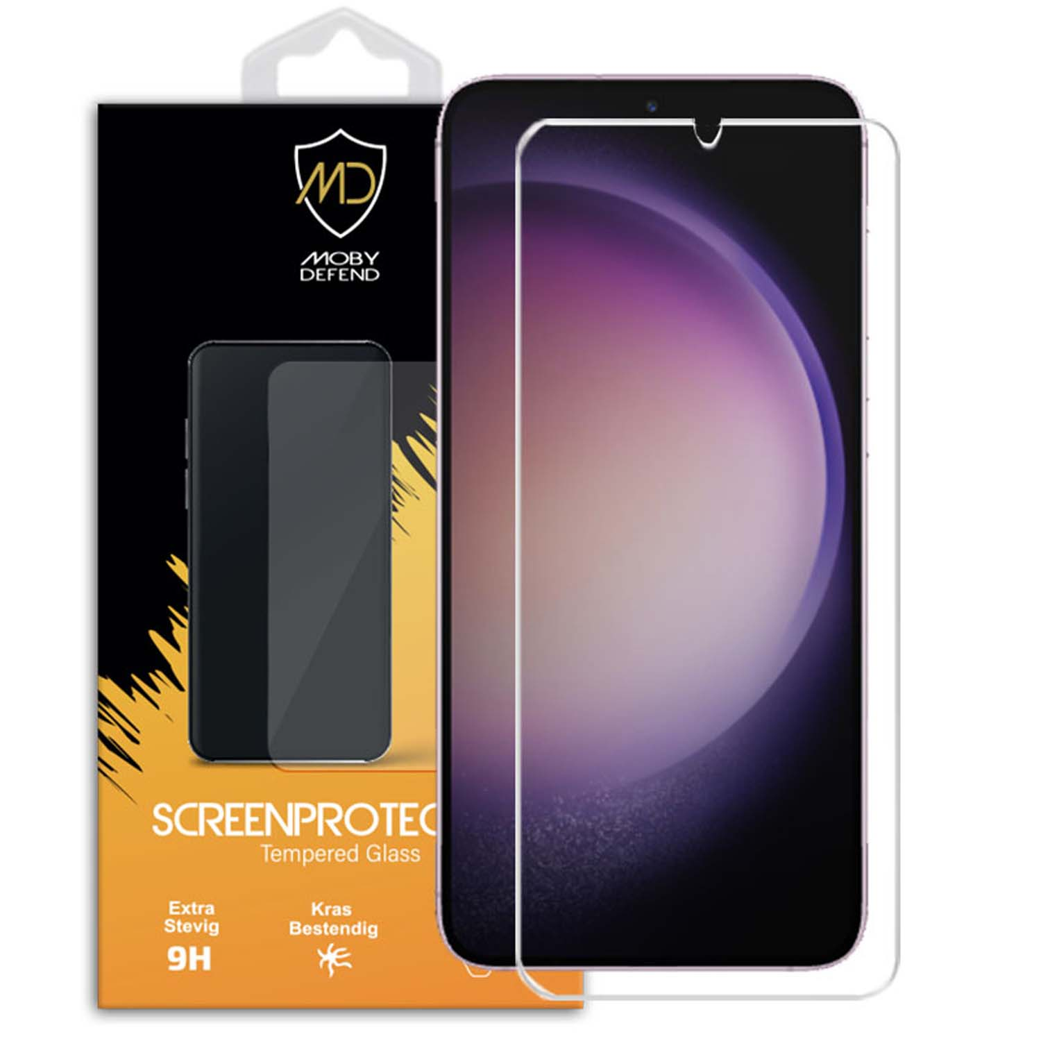 Protecteur d'écran Galaxy S23, marque Moby Defend, verre trempé, téléphone noir, fond violet.