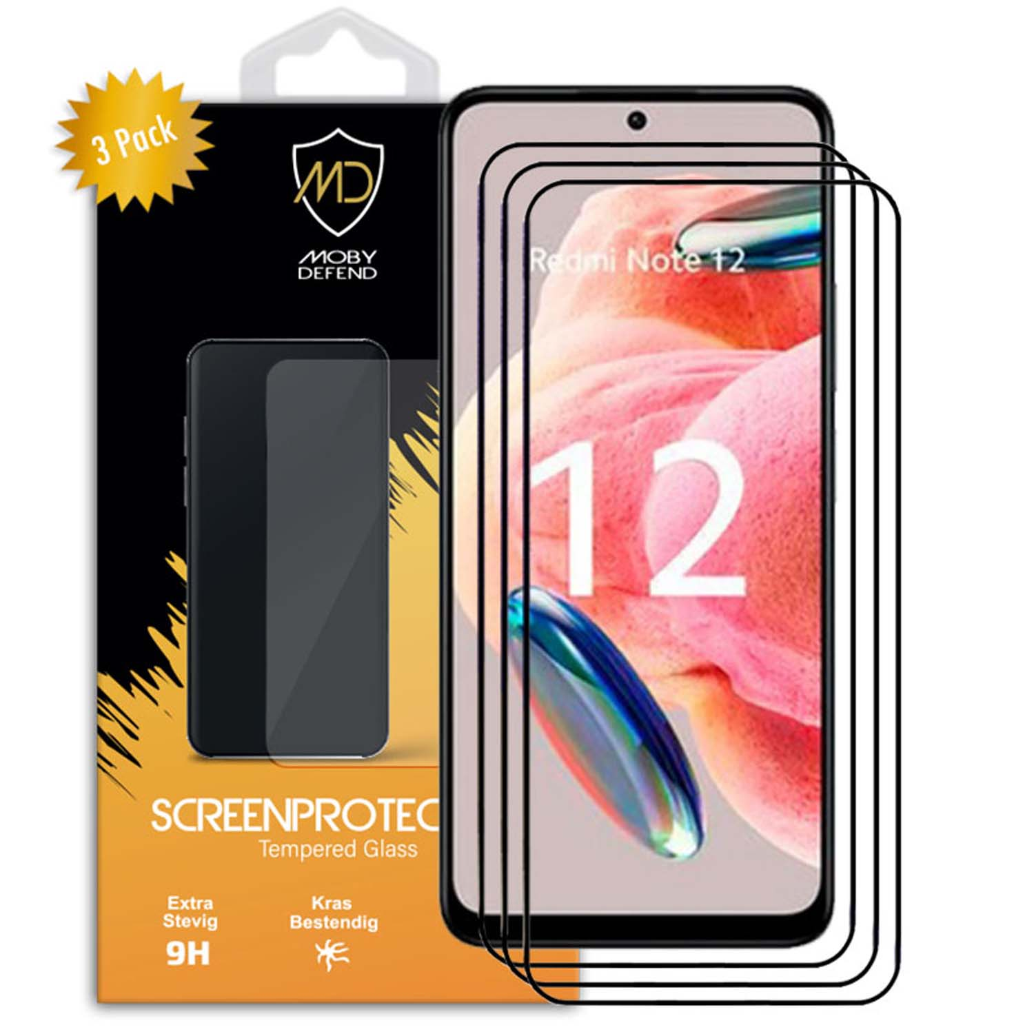 Smartphone avec protecteurs d'écran, pack de 3. Boîte avec image de téléphone noir, logo MD et infos.
