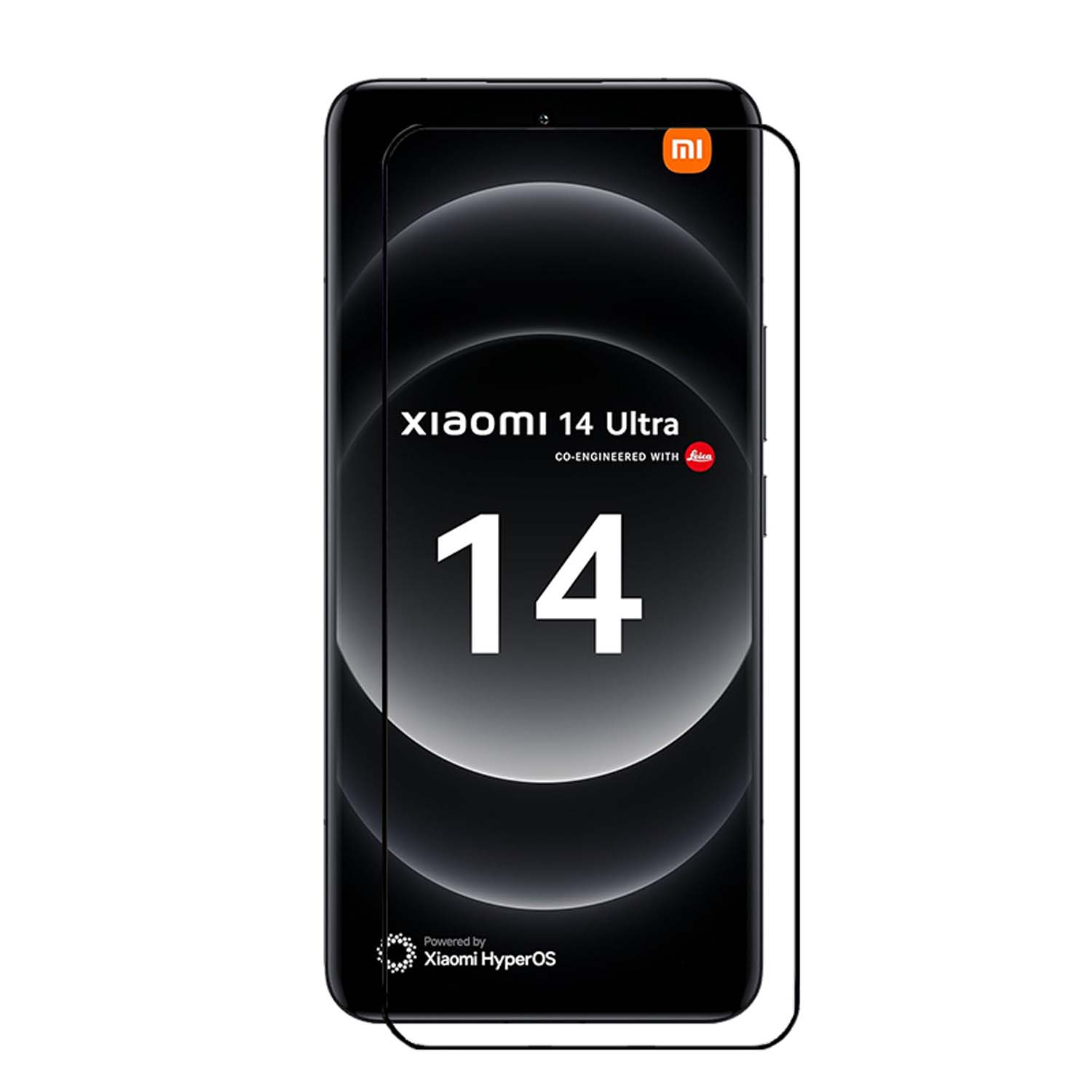 Téléphone Xiaomi 14 Ultra avec protecteur d'écran appliqué. Le fond est sombre.