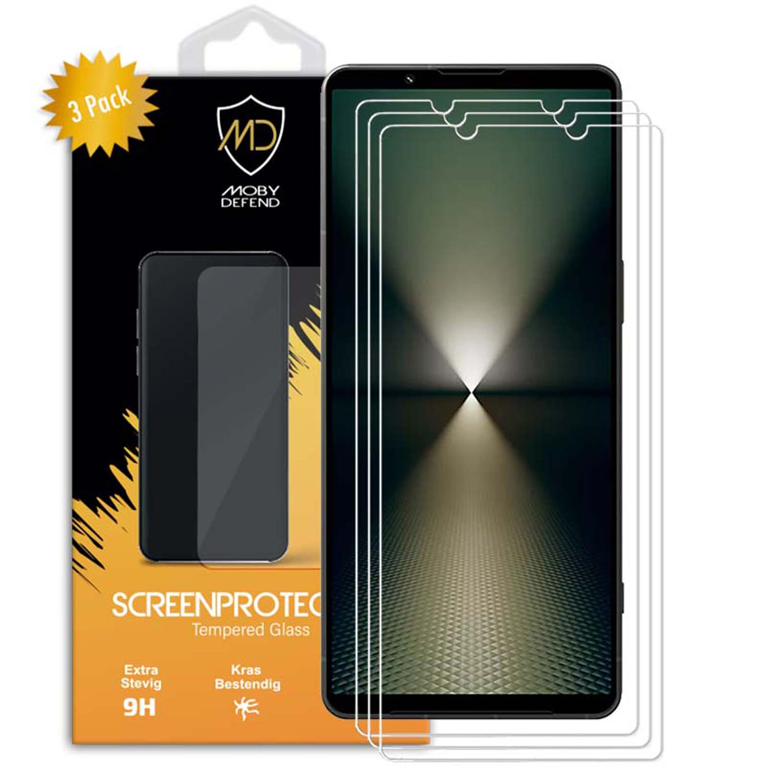 Een telefoon screenprotector pack. Een telefoon met screenprotector.