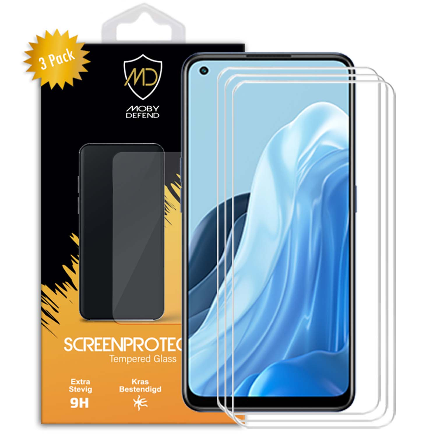 Telefoon met een schermbeschermer, een verpakking met drie schermbeschermers erin.