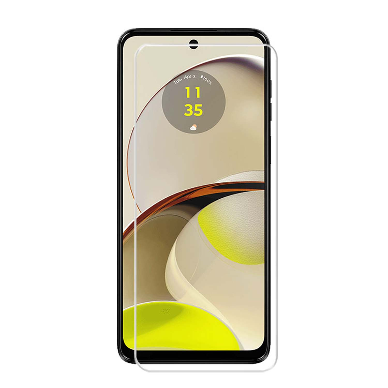 Een telefoon met een schermbeschermer. Het scherm toont de datum en tijd.