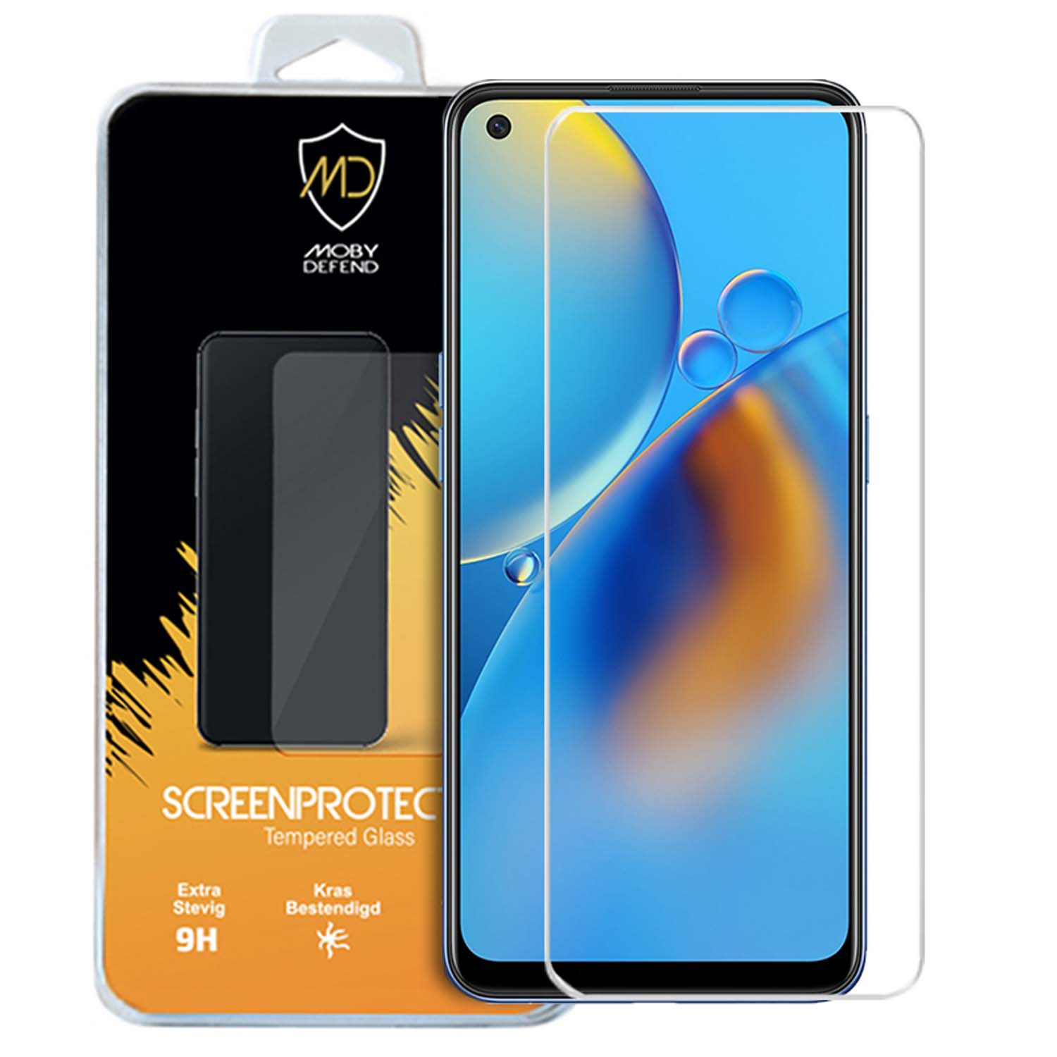 Pack de protection d'écran de téléphone. La boîte affiche l'image du téléphone et le nom de la marque. Le protecteur est sur le téléphone.