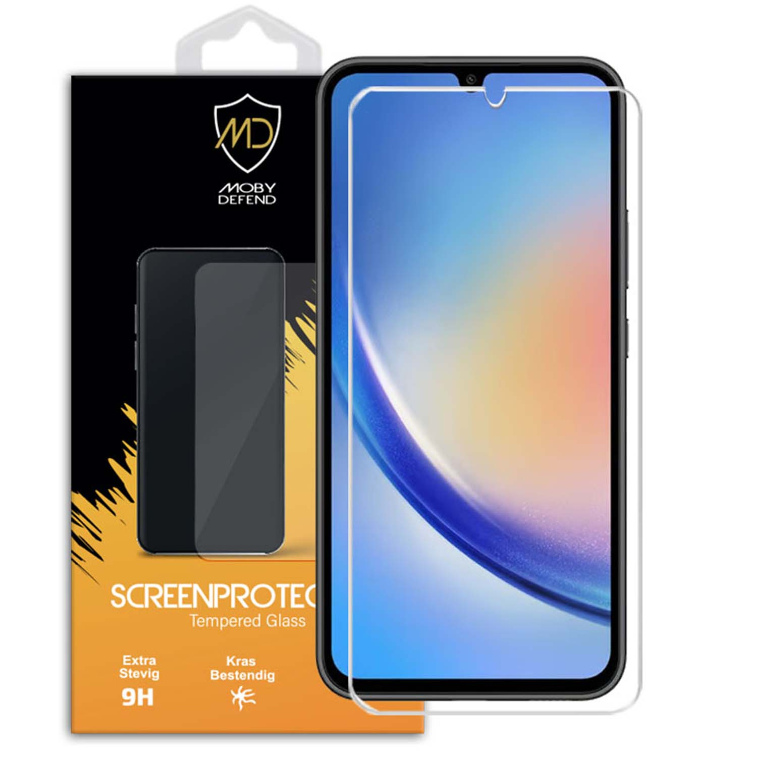 Téléphone avec protection d'écran sur fond blanc.