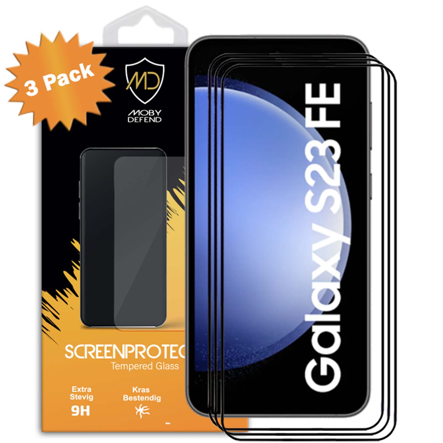 Téléphone avec protection d'écran. Téléphone Galaxy S23 FE avec protection en verre. Emballage avec le logo Moby Defend.