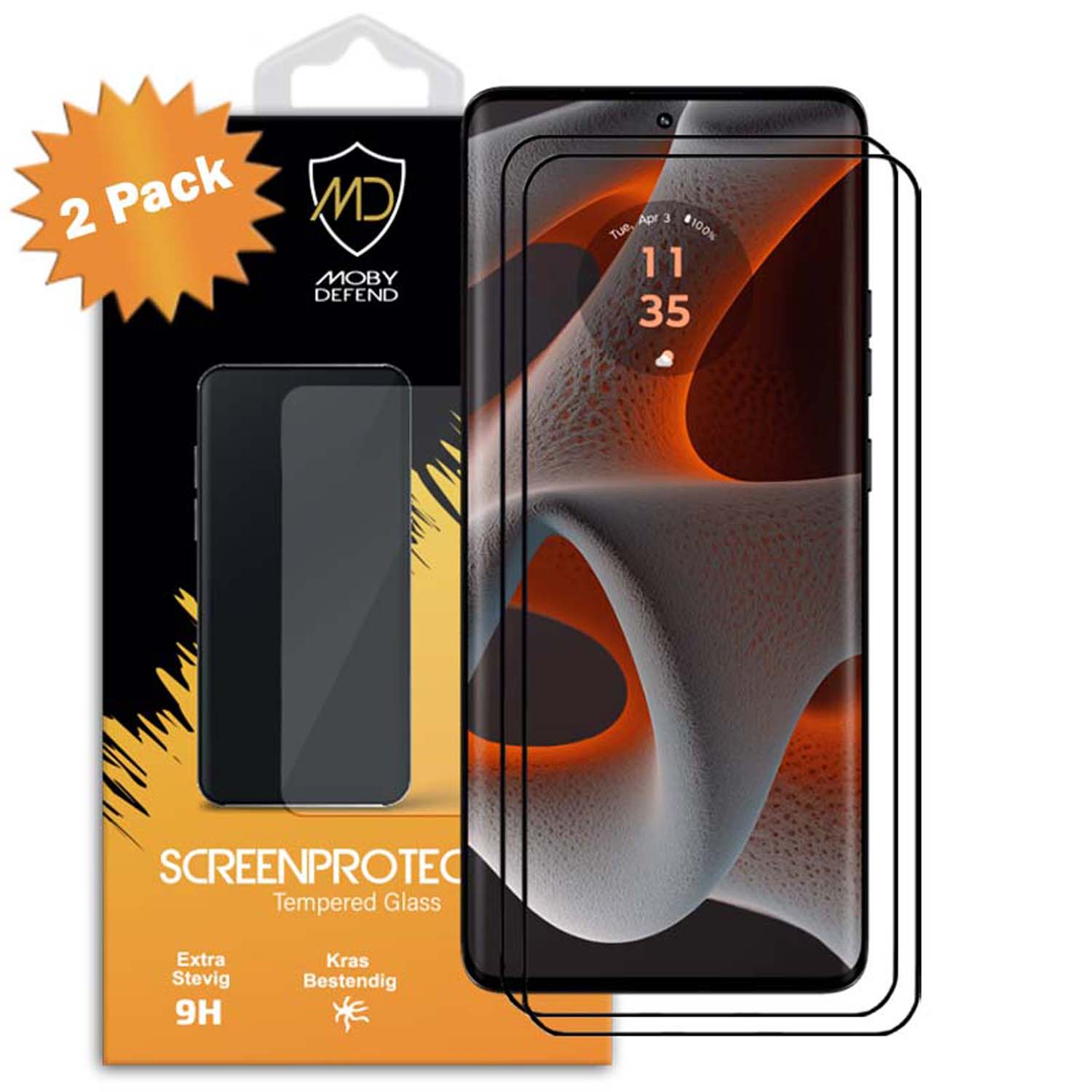 Telefoonschermbeschermer met telefoon die tijd en datum toont. Verpakking toont '2 Pack'.