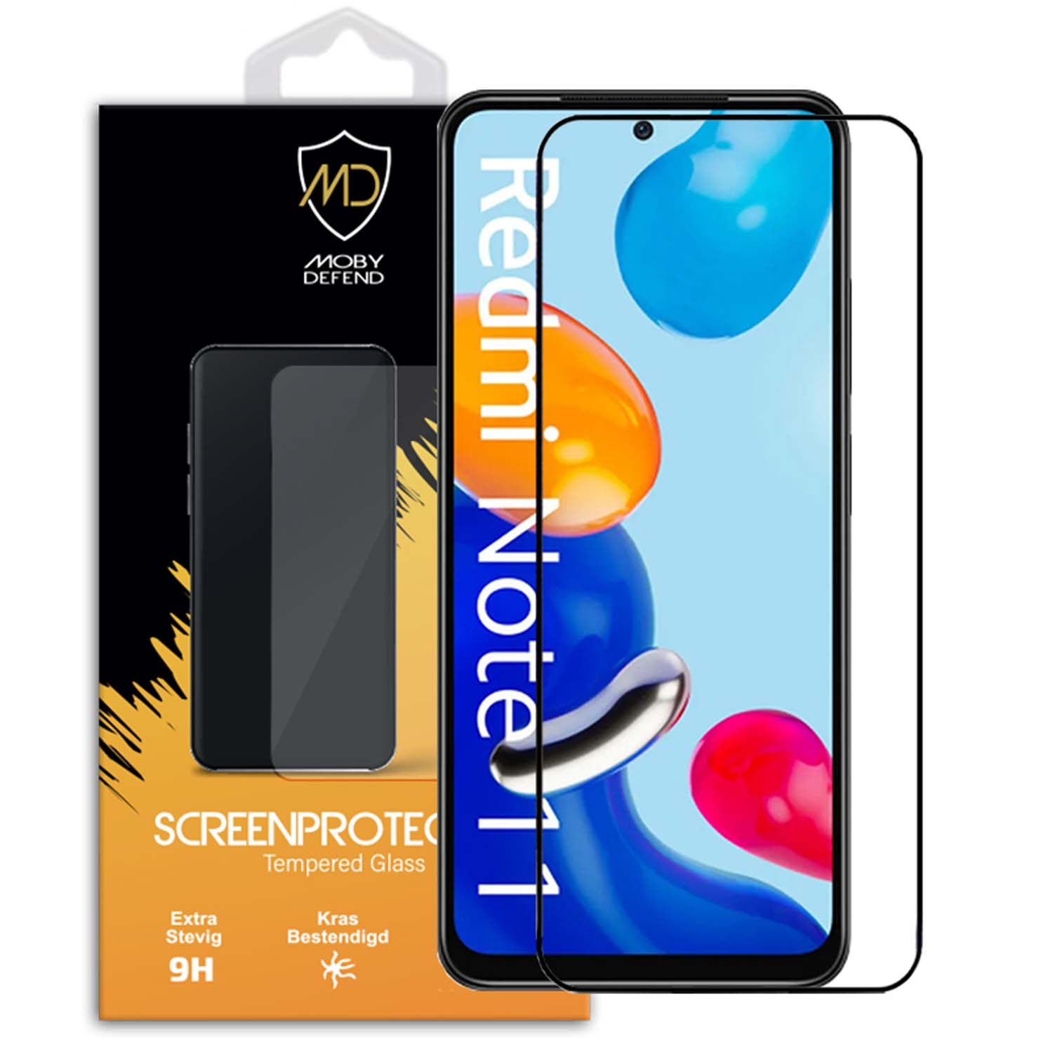 Schermbeschermer voor een Redmi Note 11. De doos heeft de merknaam en de telefoon staat rechts.