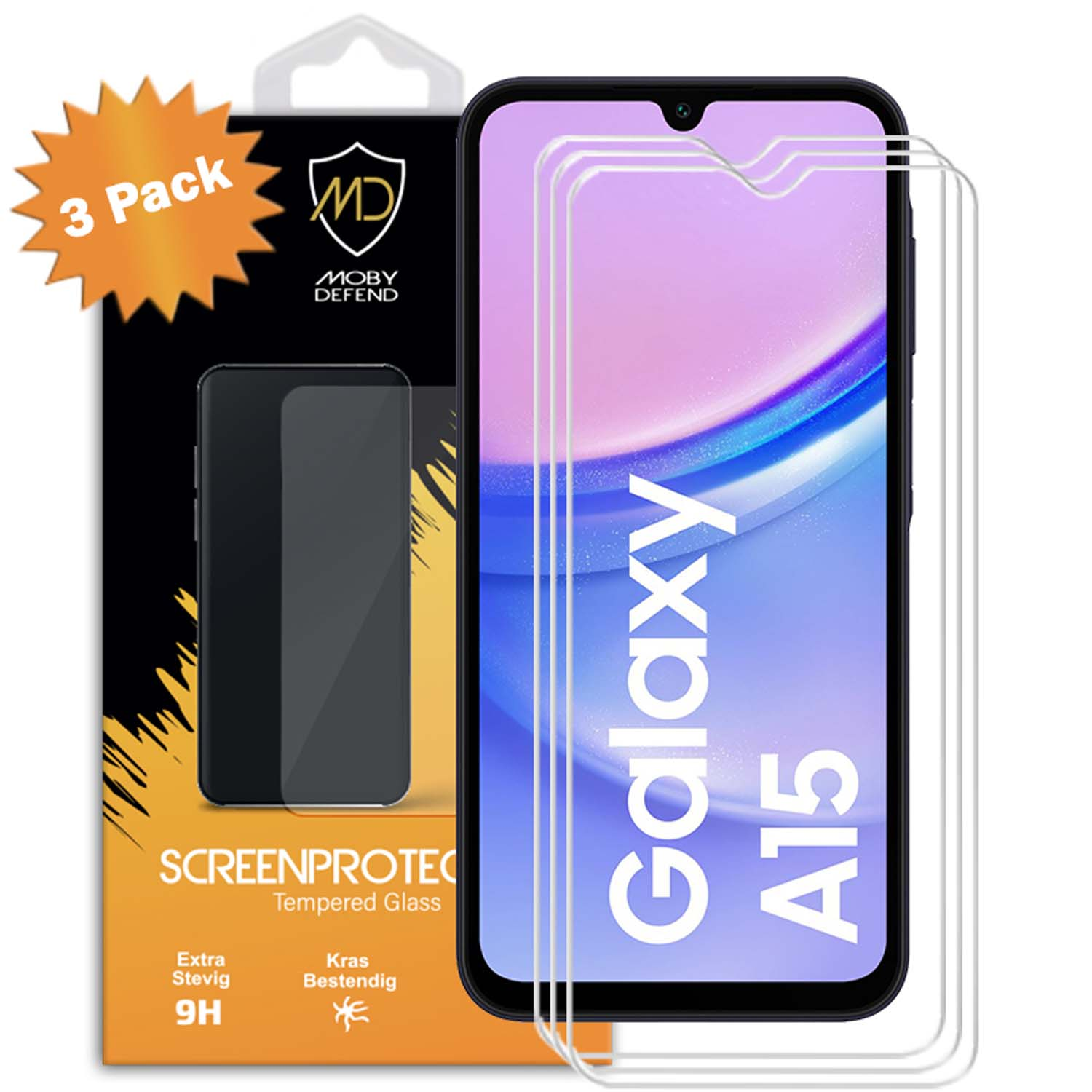 Protecteur d'écran pour Galaxy A15, avec le logo Moby Defend et pack de 3.
