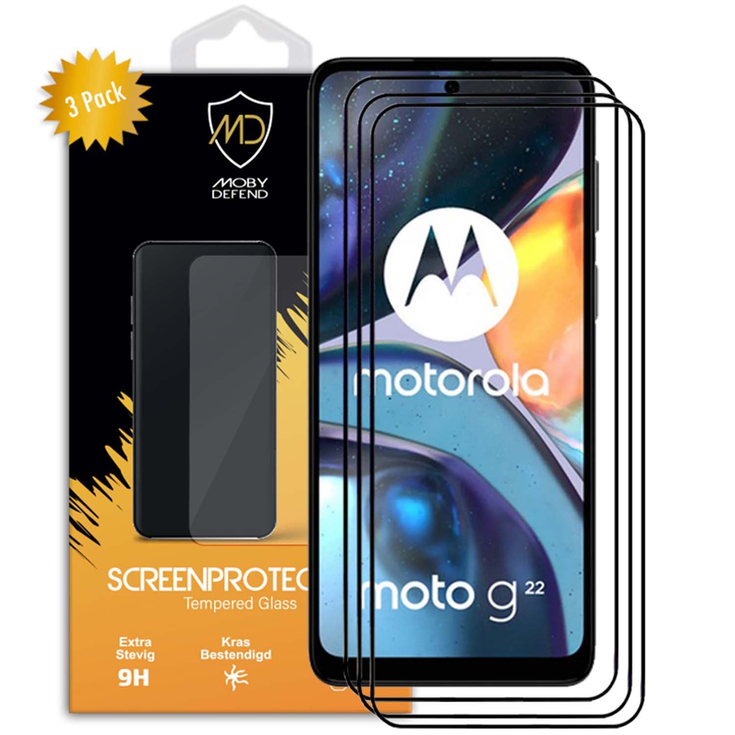 Protecteur d'écran Moto g22 avec pack de 3, marque Moby Defend, verre trempé, téléphone noir.