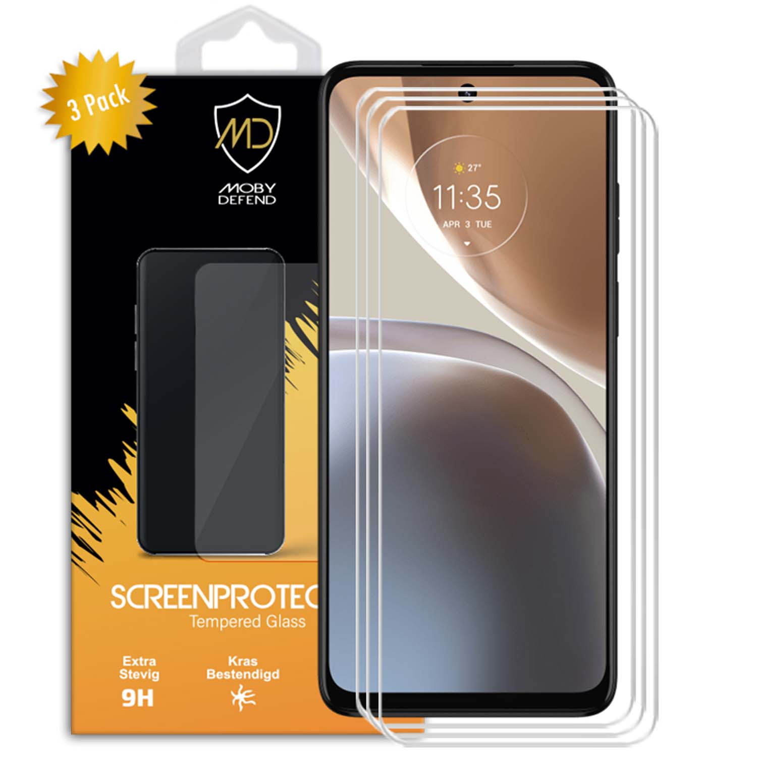 Un protecteur d'écran avec un téléphone, un emballage et un autocollant 3 pièces. Protecteurs d'écran transparents devant le téléphone.
