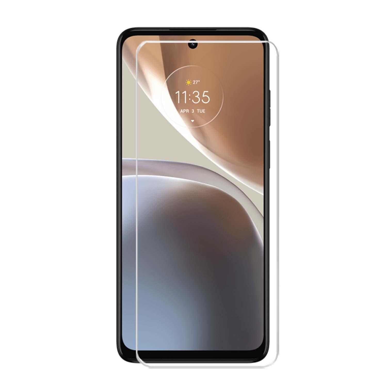 Téléphone avec protecteur, heure 11:35 et texte du 3 avril.