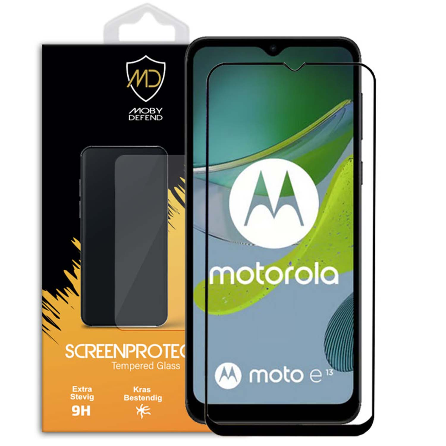 Pack de protection d'écran de téléphone. La boîte affiche l'image du téléphone et le nom de la marque. Le protecteur est sur le téléphone.