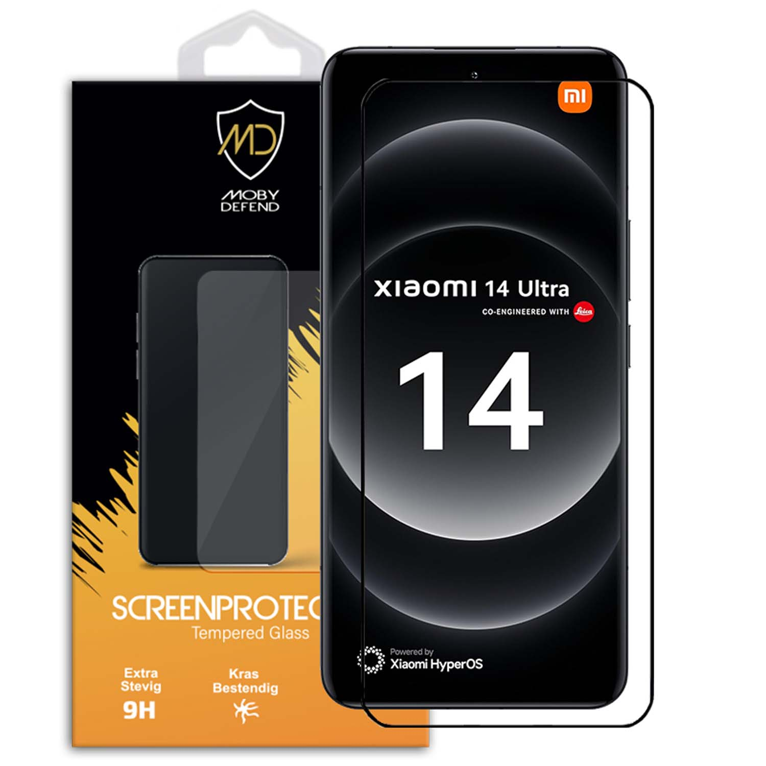Un pack de protecteurs d'écran pour téléphone. Un téléphone Xiaomi 14 Ultra avec protecteur.