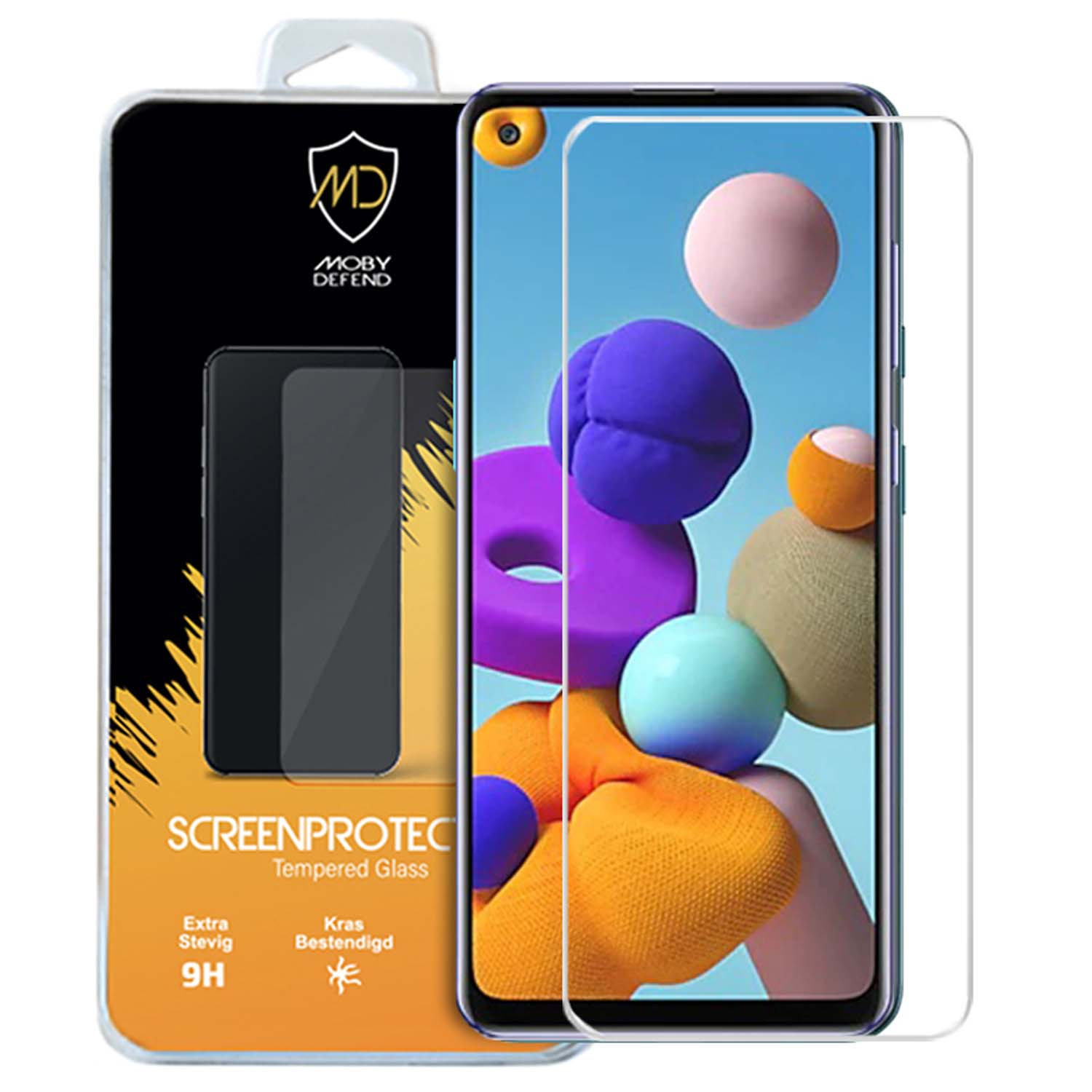 Smartphone met schermbeschermer. Doos met telefoonbeeld, MD-logo en productinfo. De telefoon heeft roze en oranje.