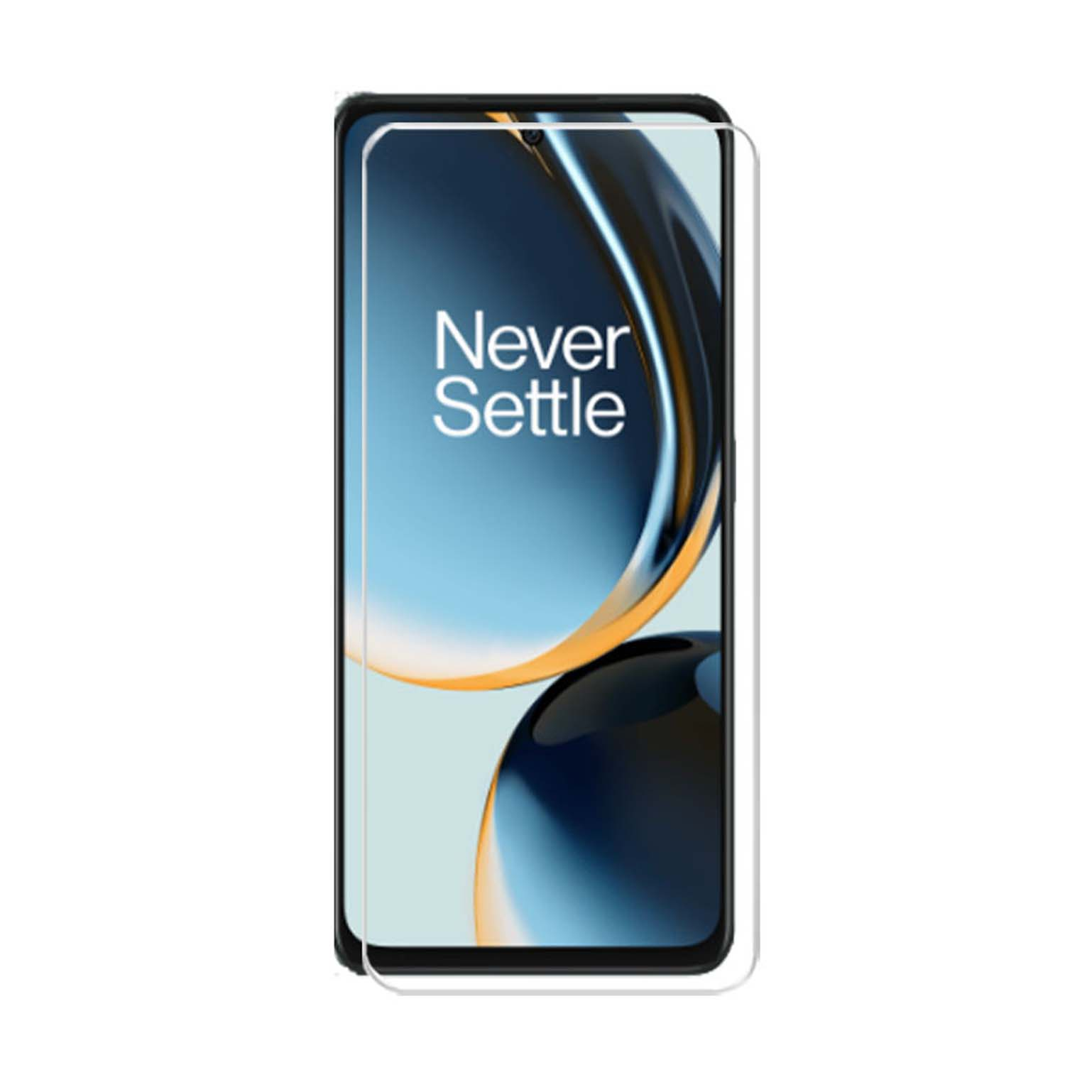 Een telefoon met een schermbeschermer. De achtergrond toont een blauw en geel ontwerp met de tekst 'Never Settle'.