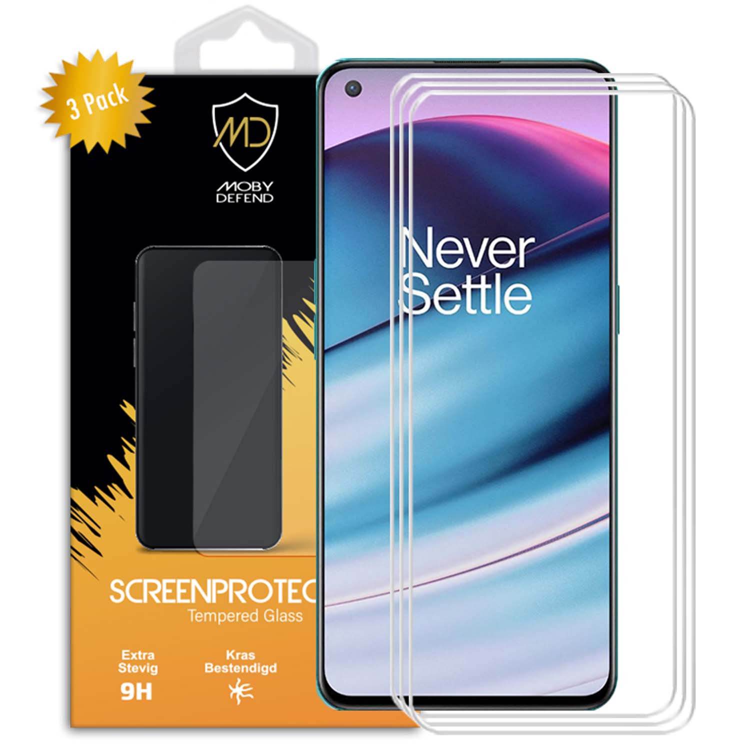 Ensemble de protection d'écran avec téléphone. Boîte Moby Defend. Le téléphone affiche 'Never Settle'.