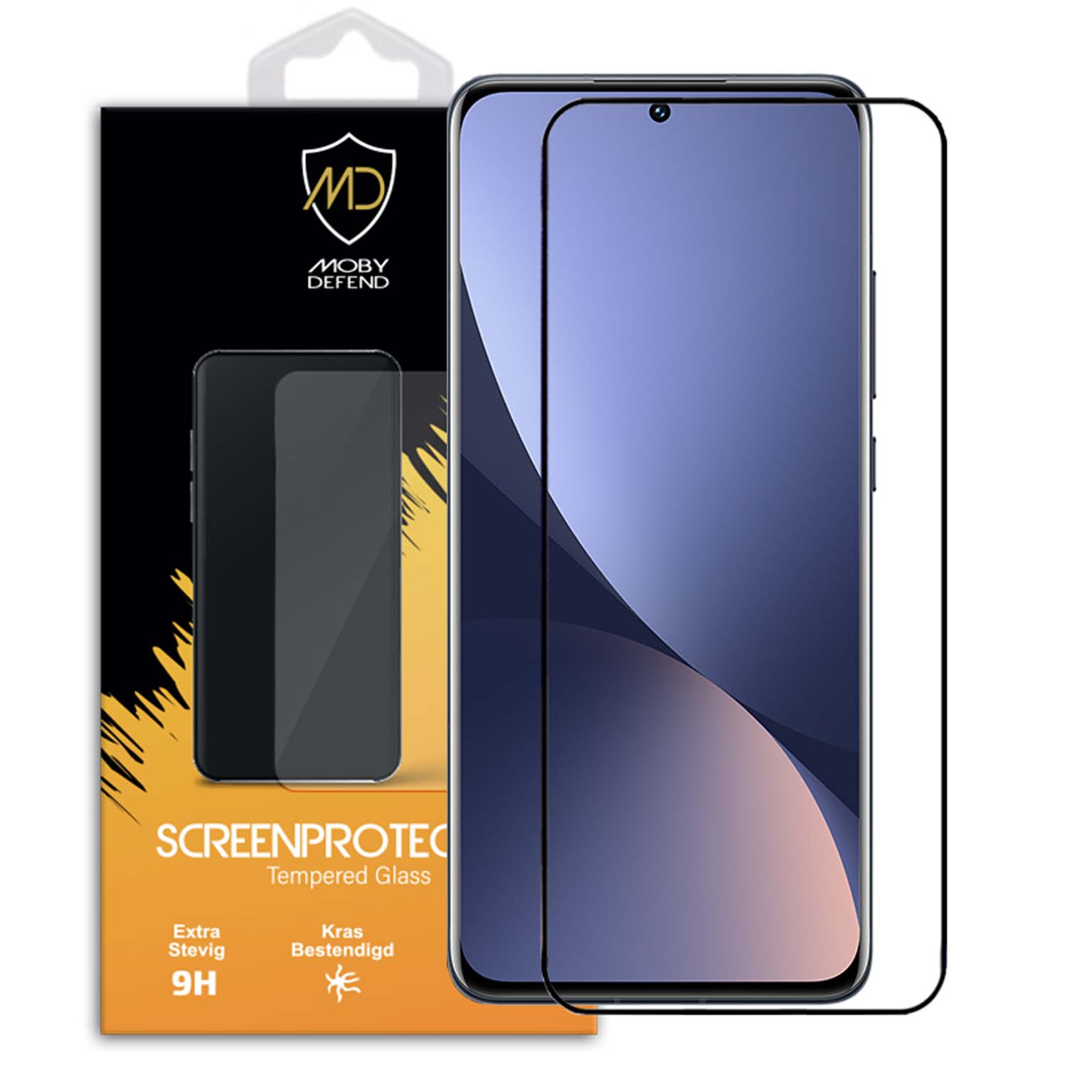 Smartphone avec protecteur d'écran. Boîte avec image de téléphone, logo MD et infos. Le téléphone est bleu foncé.