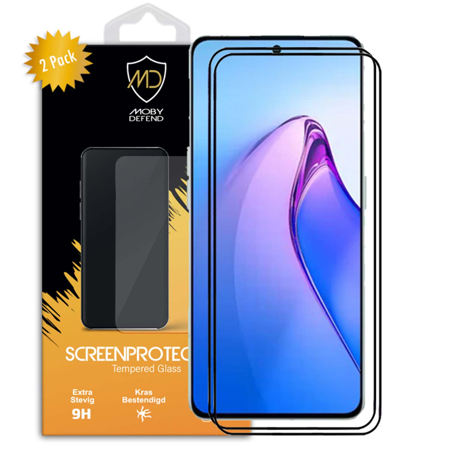 Deux protections d'écran, avec un téléphone et un emballage affichant la marque et les informations du produit.