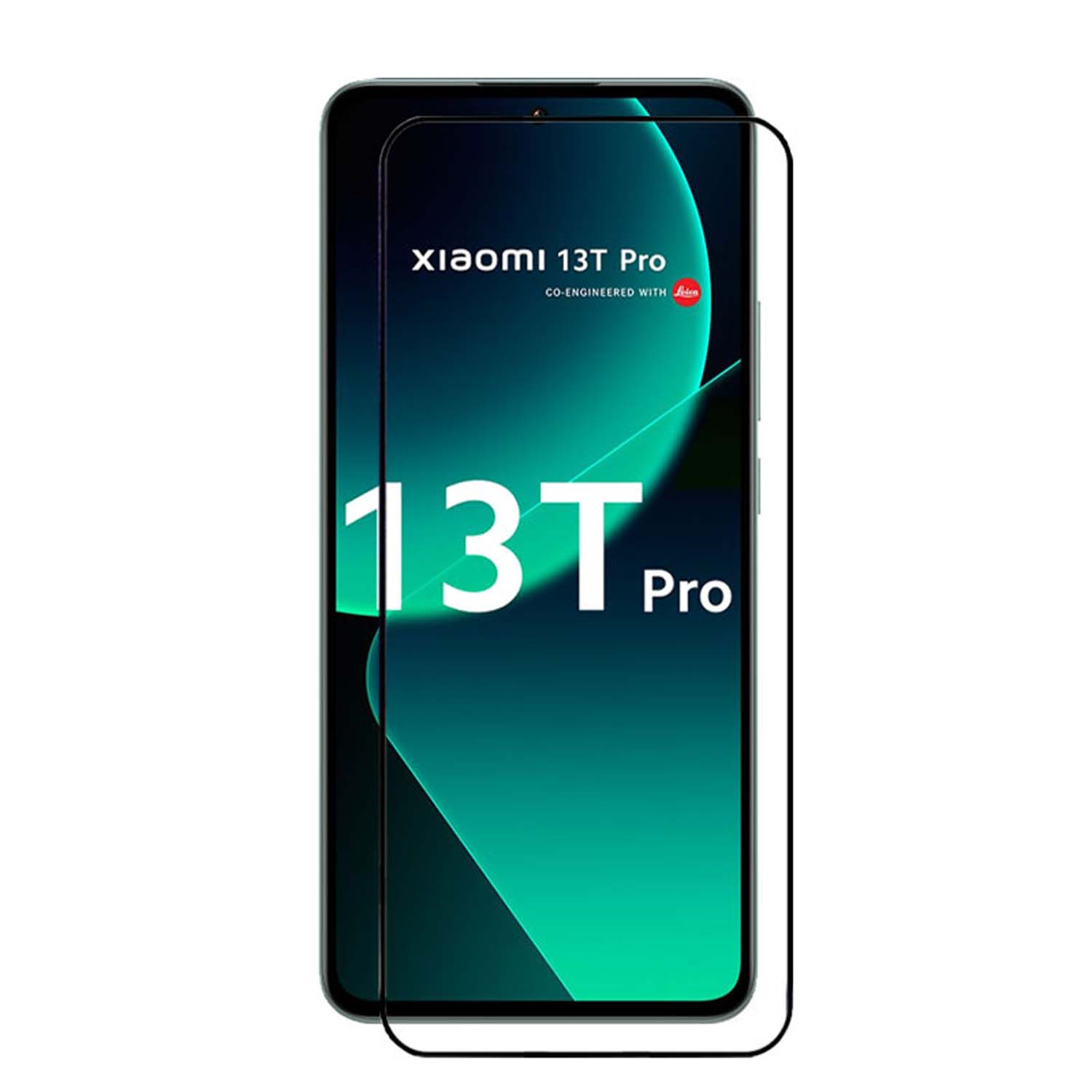 Téléphone Xiaomi 13T Pro avec protecteur d'écran appliqué. Le fond est turquoise.