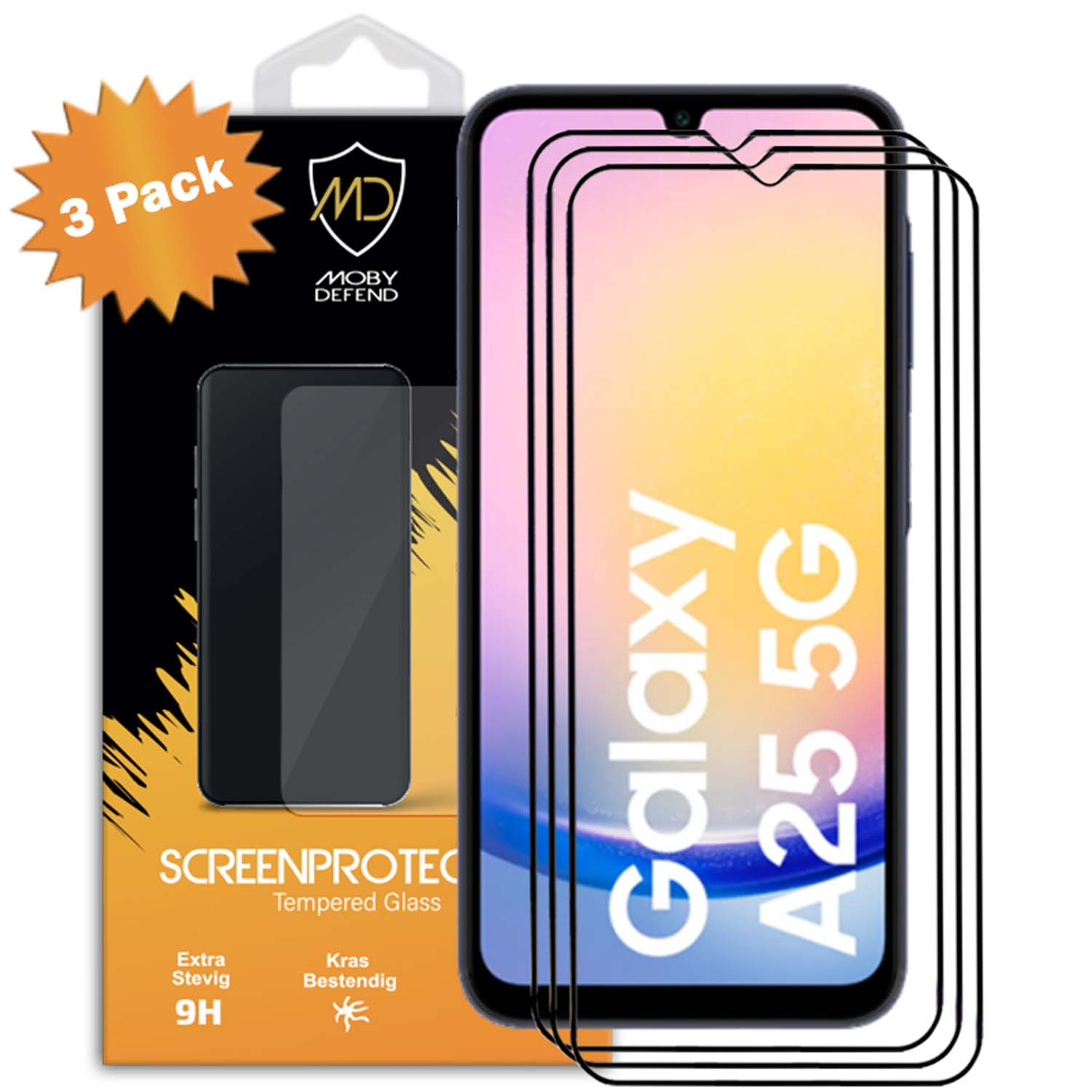 Un pack de protecteurs d'écran pour téléphone. Un téléphone Samsung Galaxy A25 5G avec protecteur.