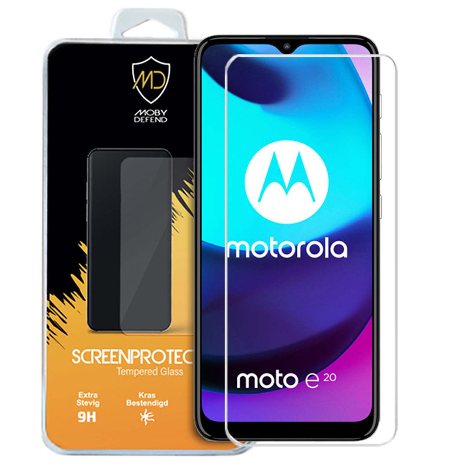 Un pack de protecteurs d'écran pour téléphone. Un téléphone Motorola moto e20 avec protecteur.