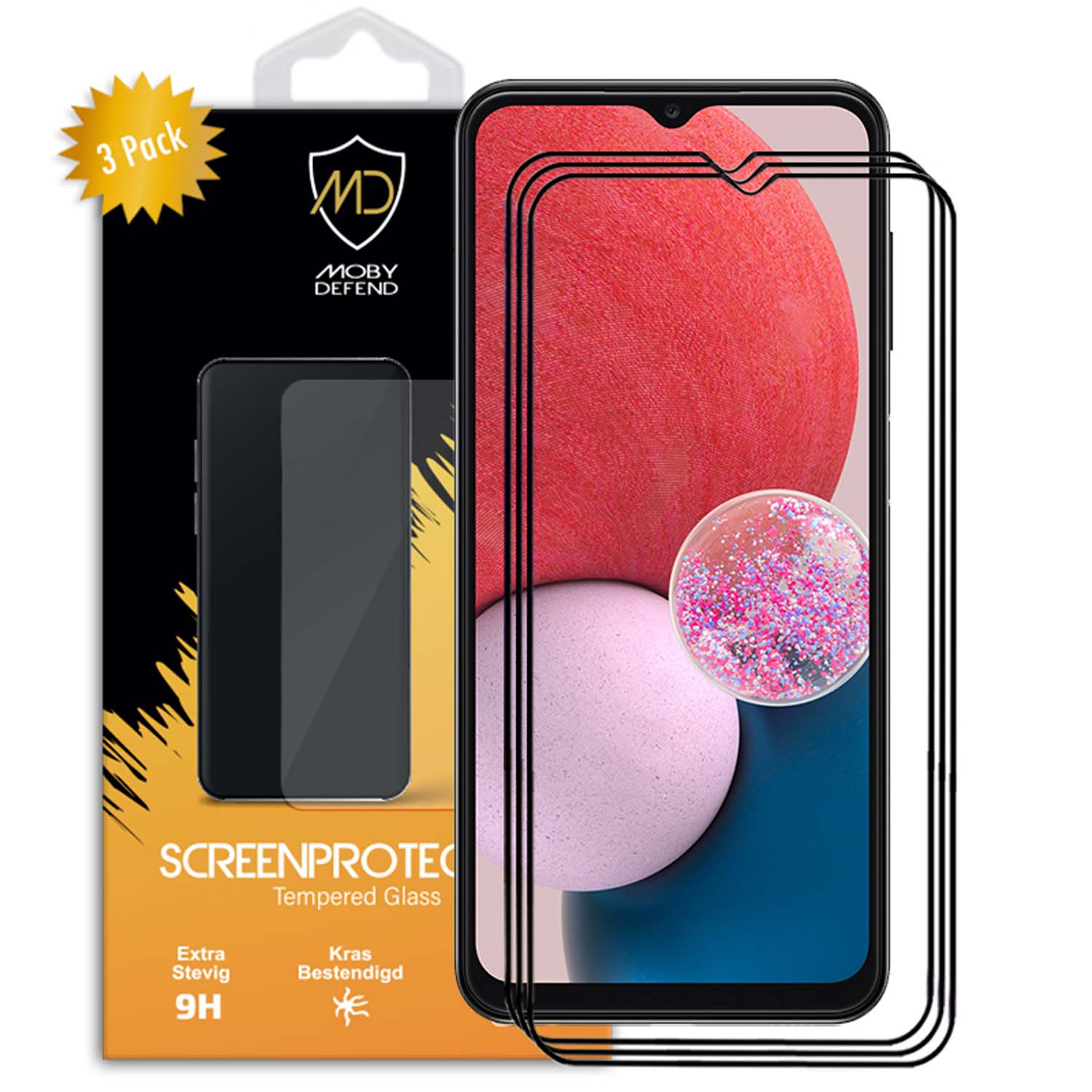 Protecteur d'écran pour téléphone avec écran, boîte et étoile dorée brillante.