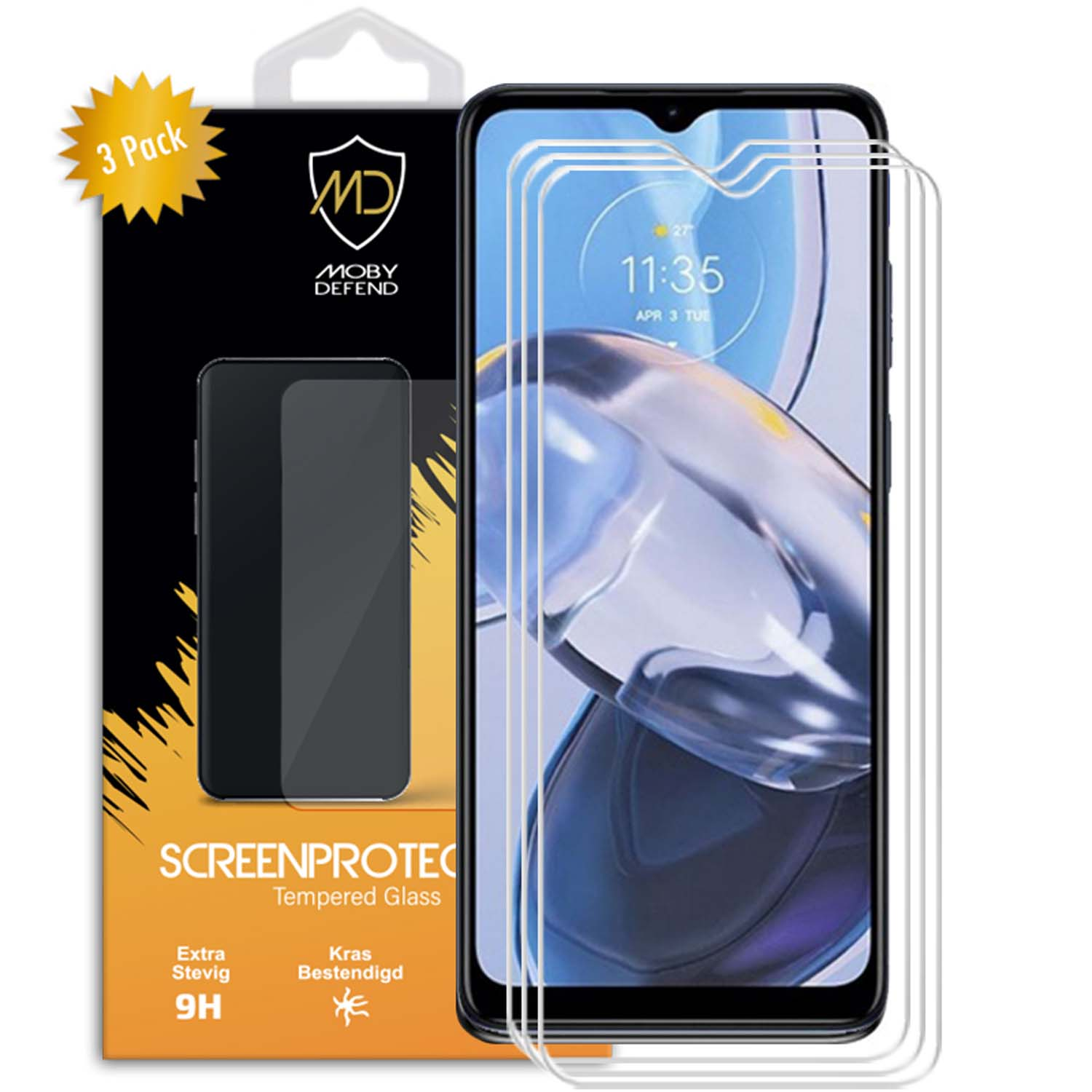 Protecteur d'écran de téléphone avec écran Motorola. L'emballage indique '3 Pack' et 'Tempered Glass'.
