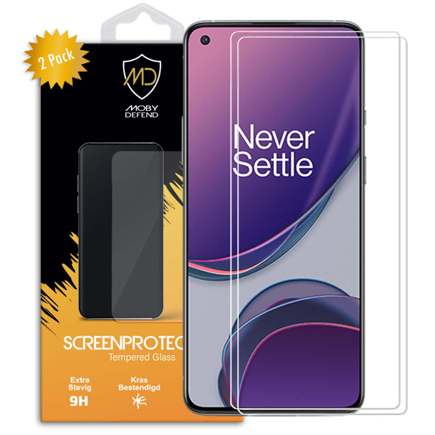 Schermbeschermerset met telefoon. Moby Defend doos. Telefoon toont 'Never Settle'.