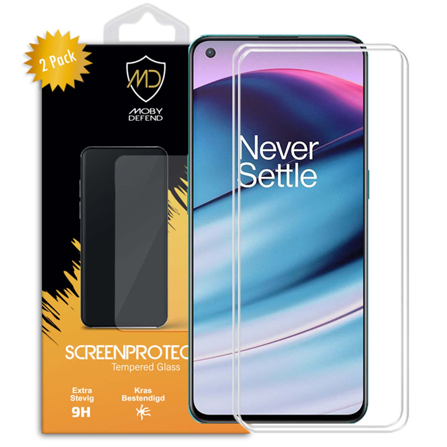 Telefoon met schermbeschermers, Never Settle tekst en Moby Defend doos.