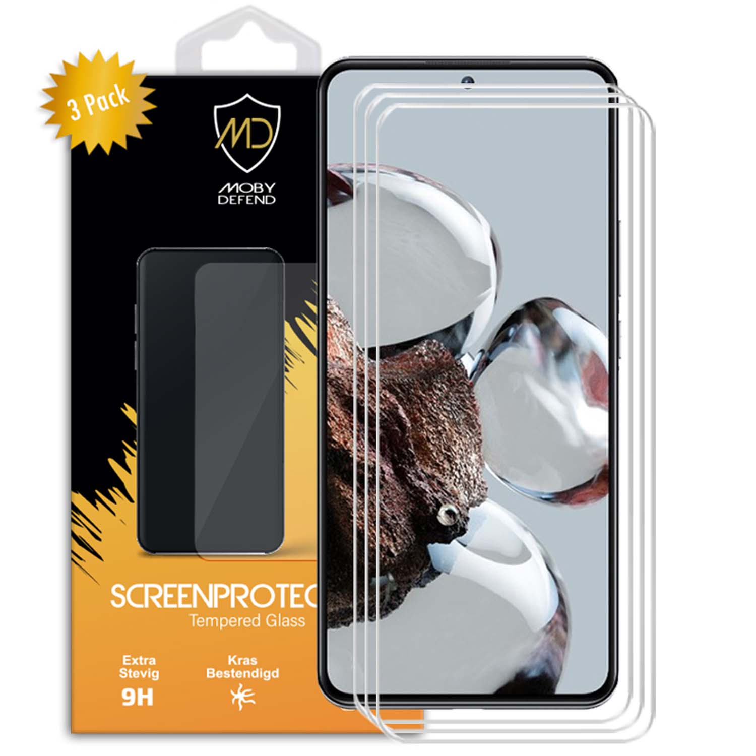 Telefoonschermbeschermers. Verpakking toont '3 Pack' en een telefoon met een wazige achtergrond.