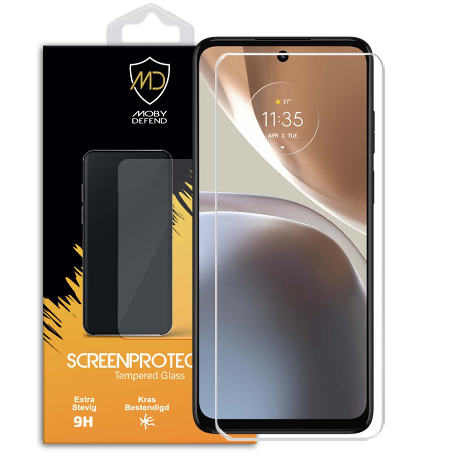 Telefoonschermbeschermer met telefoon rechts en verpakking links. Tekst: ScreenProtect, 9H, Moby Defend logo.