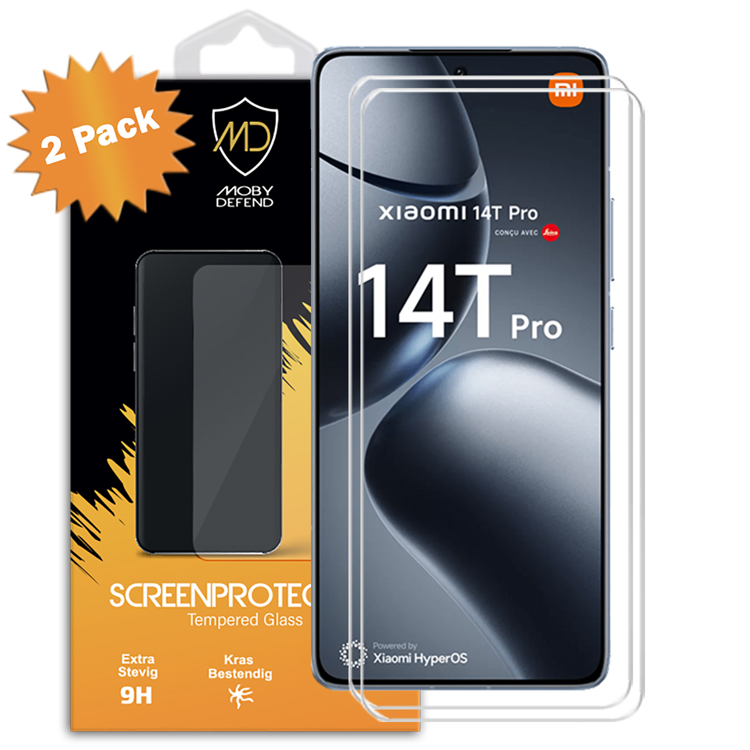 Téléphone avec deux protecteurs d'écran; paquet avec logo MD et texte Xiaomi 14T Pro. Logo Xiaomi.