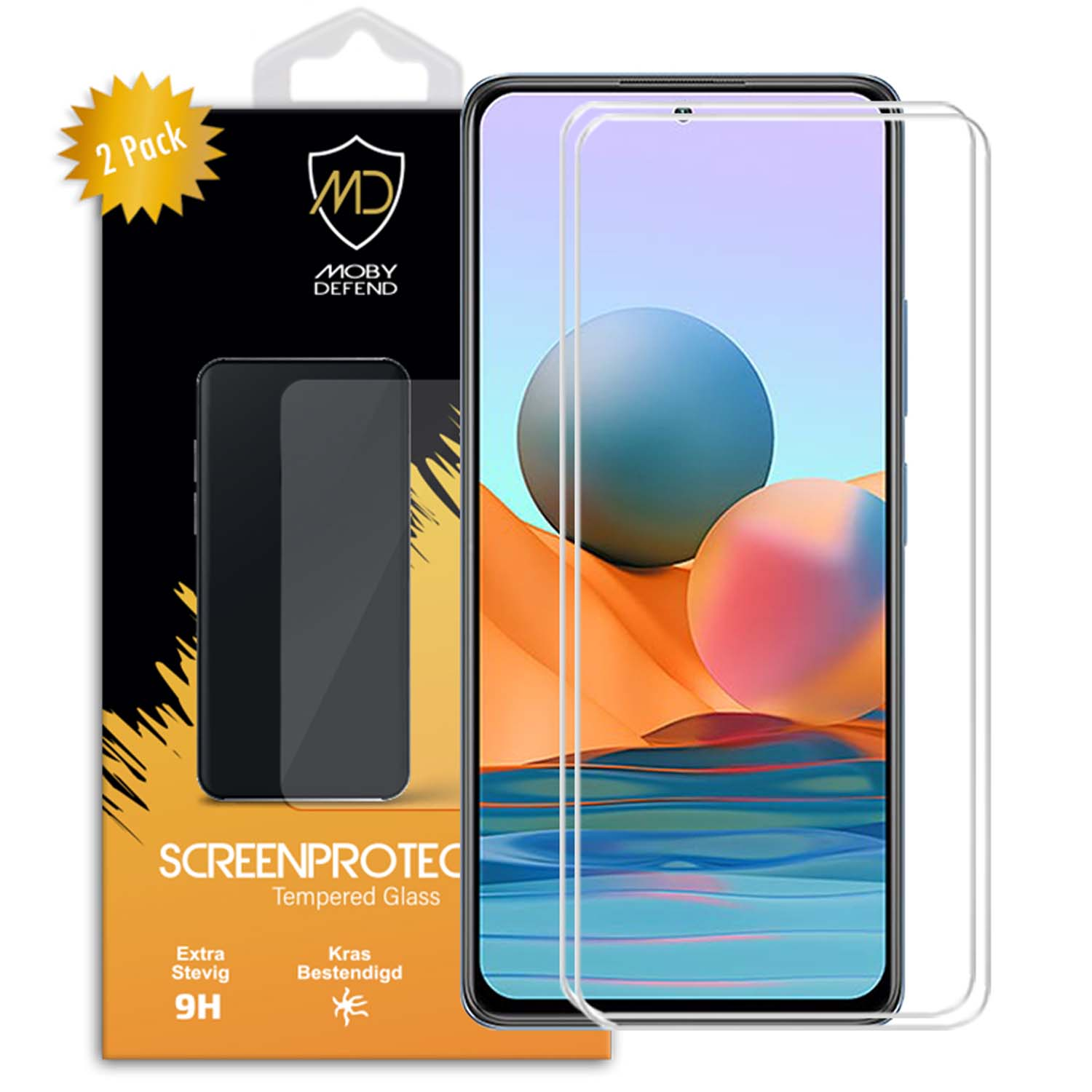 Een telefoon screenprotector pack. Een telefoon met screenprotector.