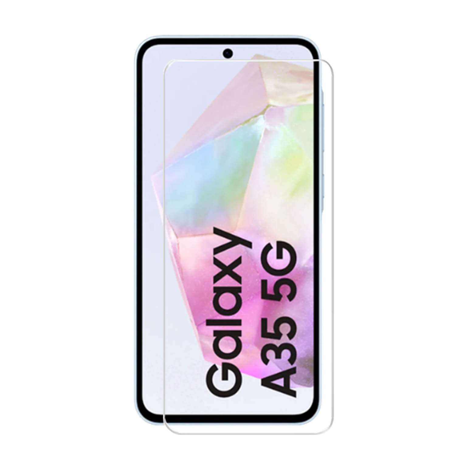Samsung Galaxy A35 5G-telefoon met schermbeschermer. De telefoon heeft een transparante schermbeschermer.